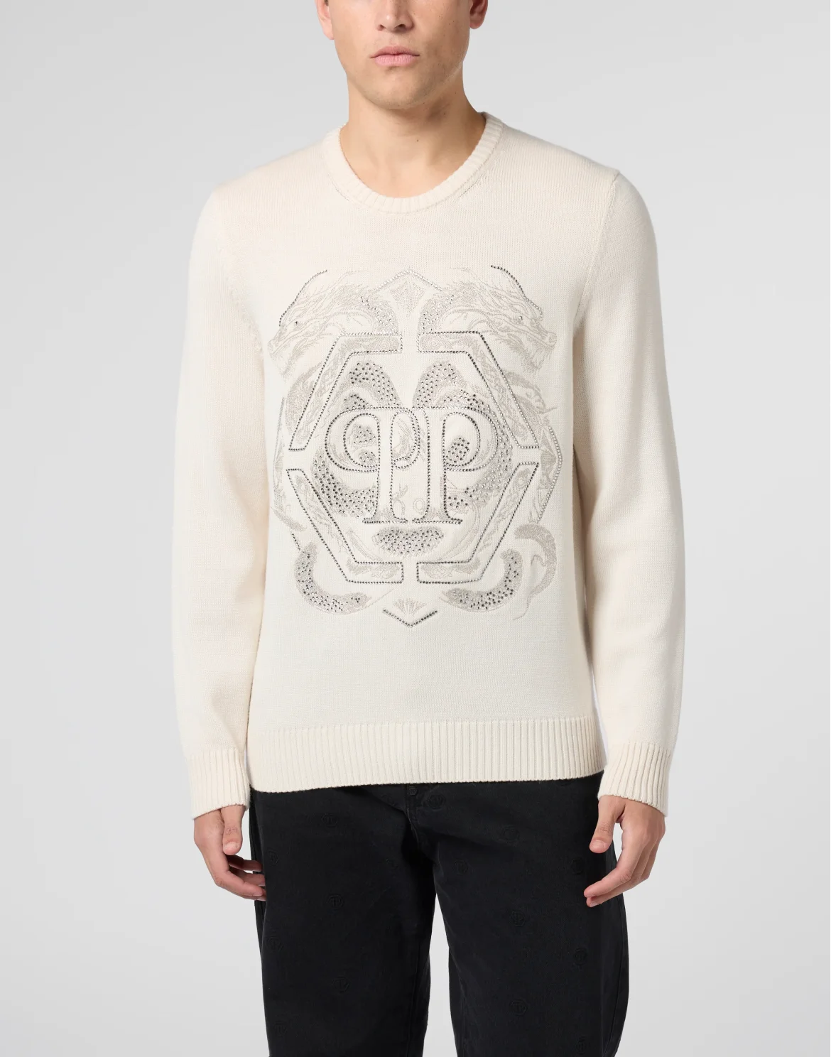Embroidered Merino Wool Round Neck Pullover Hexagon Dragon, цвет: Бежевый