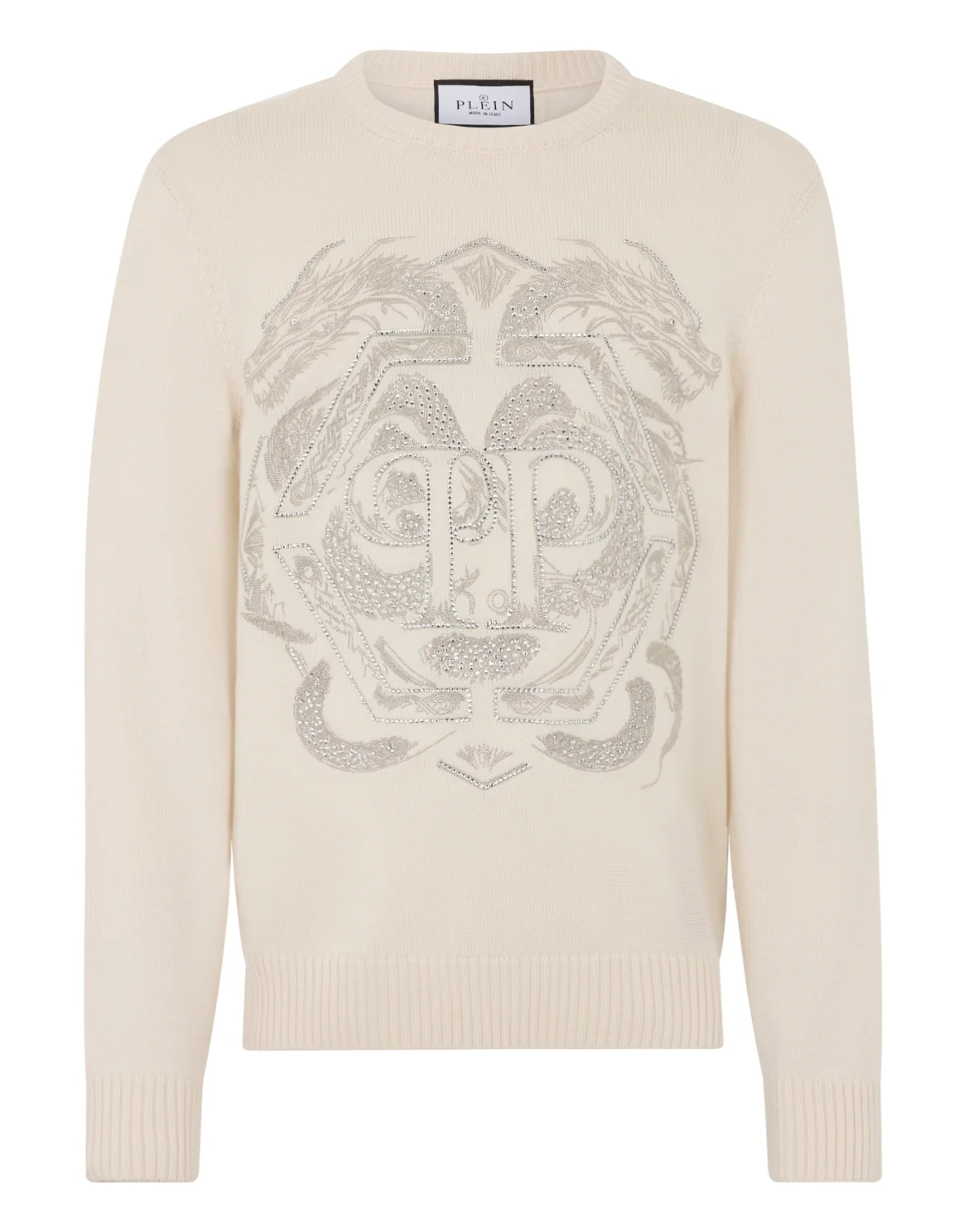 Embroidered Merino Wool Round Neck Pullover Hexagon Dragon, цвет: Бежевый