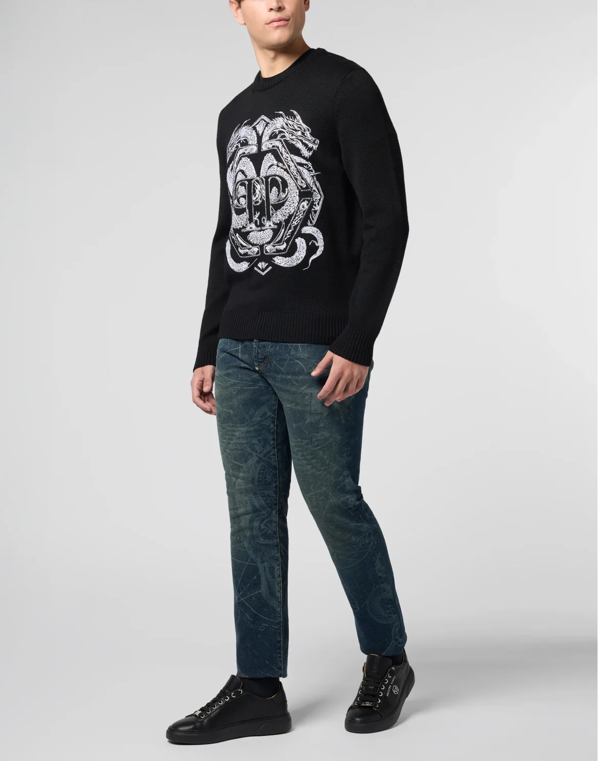 Embroidered Merino Wool Round Neck Pullover Hexagon Dragon, цвет: Черный