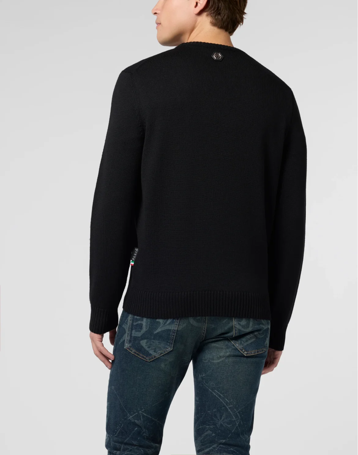 Embroidered Merino Wool Round Neck Pullover Hexagon Dragon, цвет: Черный