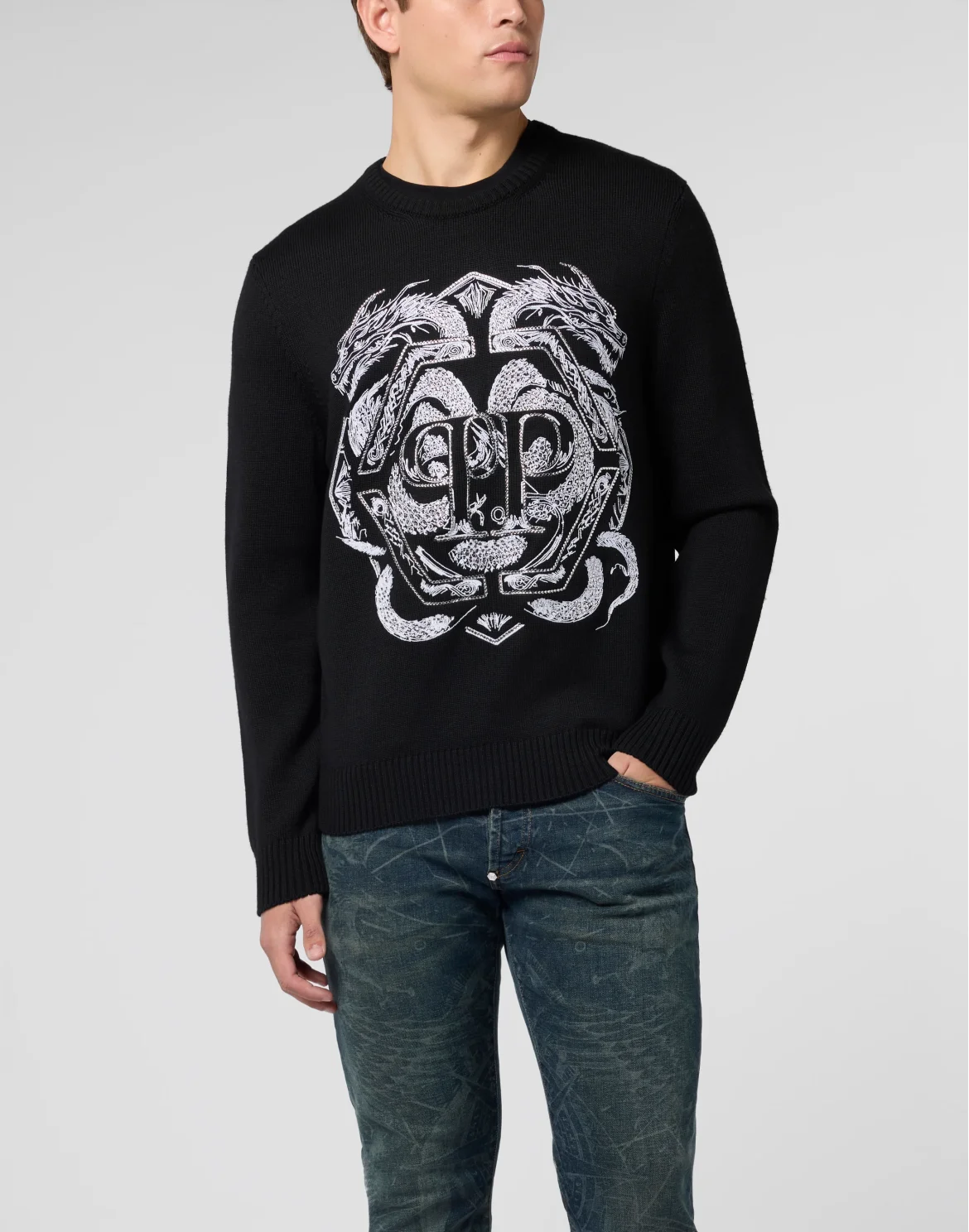 Embroidered Merino Wool Round Neck Pullover Hexagon Dragon, цвет: Черный