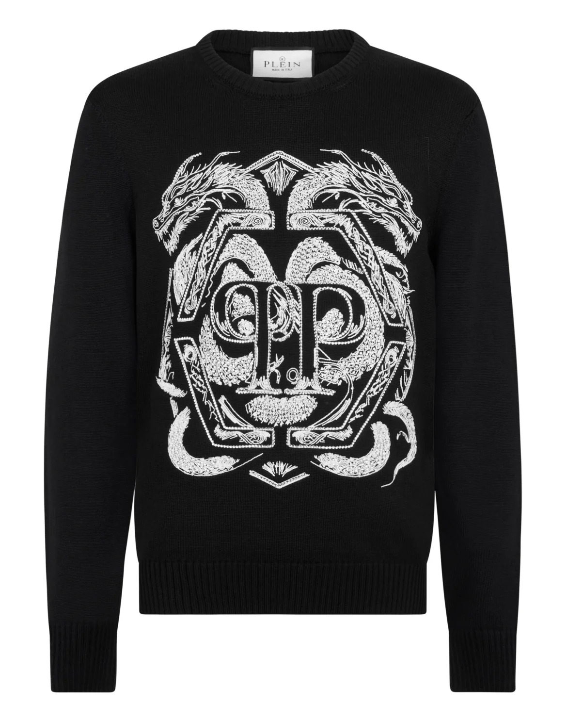 Embroidered Merino Wool Round Neck Pullover Hexagon Dragon, цвет: Черный