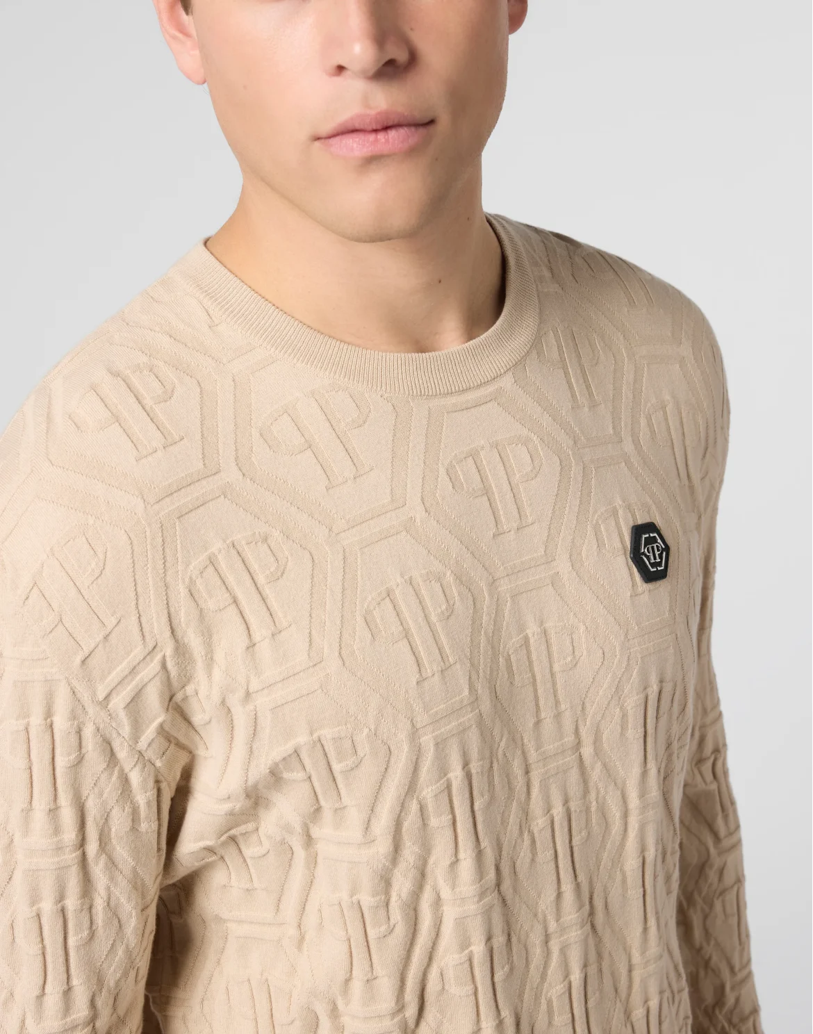 Jacquard Round Neck Pullover Monogram, цвет: Бежевый