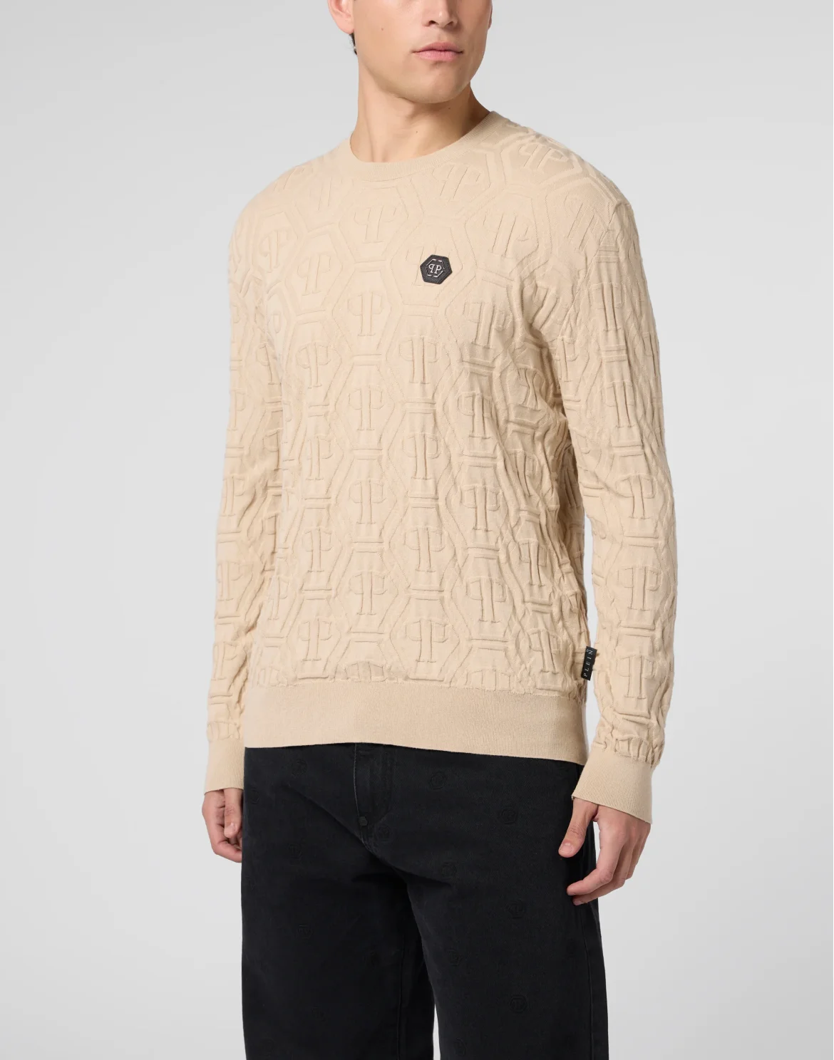 Jacquard Round Neck Pullover Monogram, цвет: Бежевый