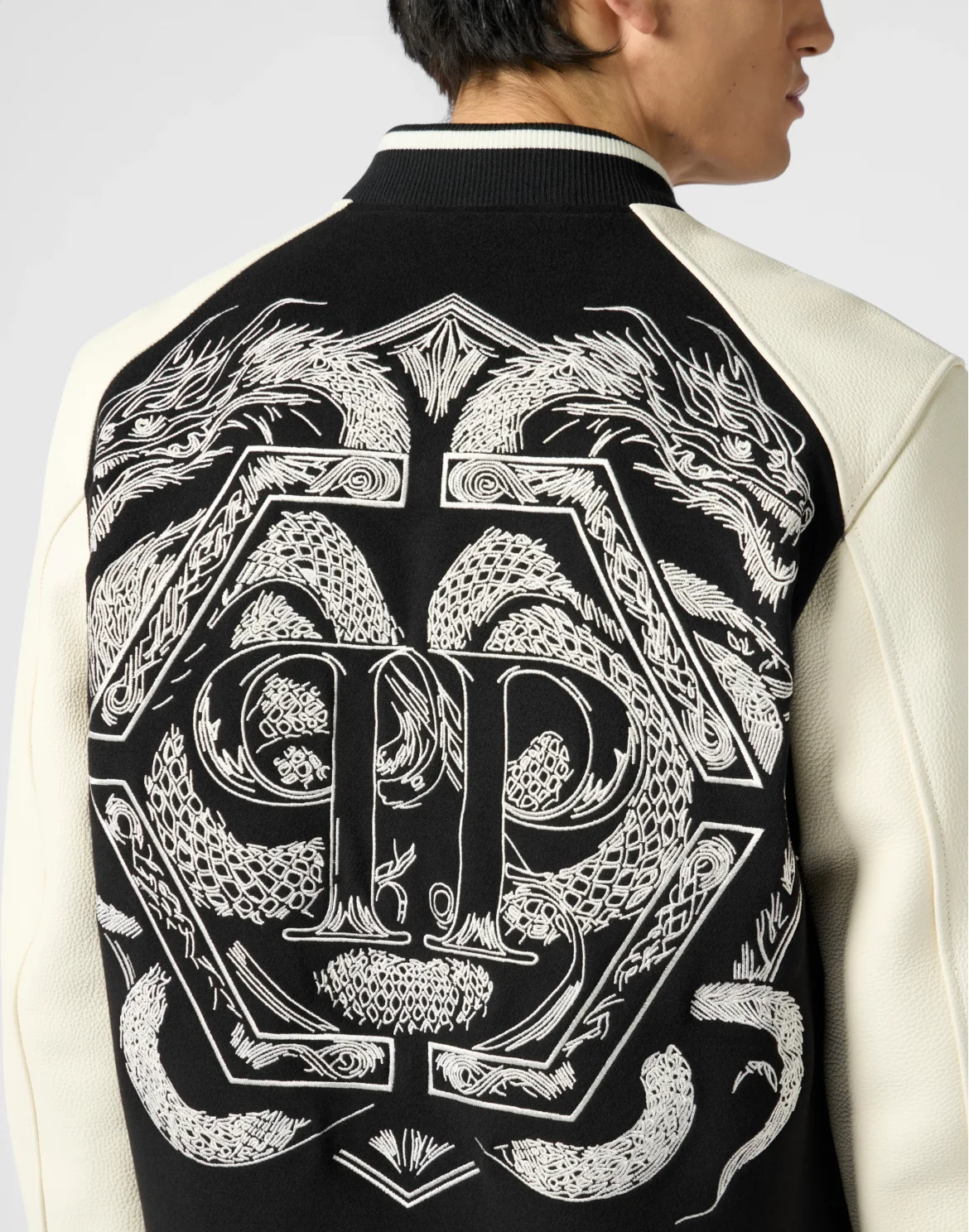 Wool & Leather Varsity Bomber Jacket Dragons, цвет: Черный