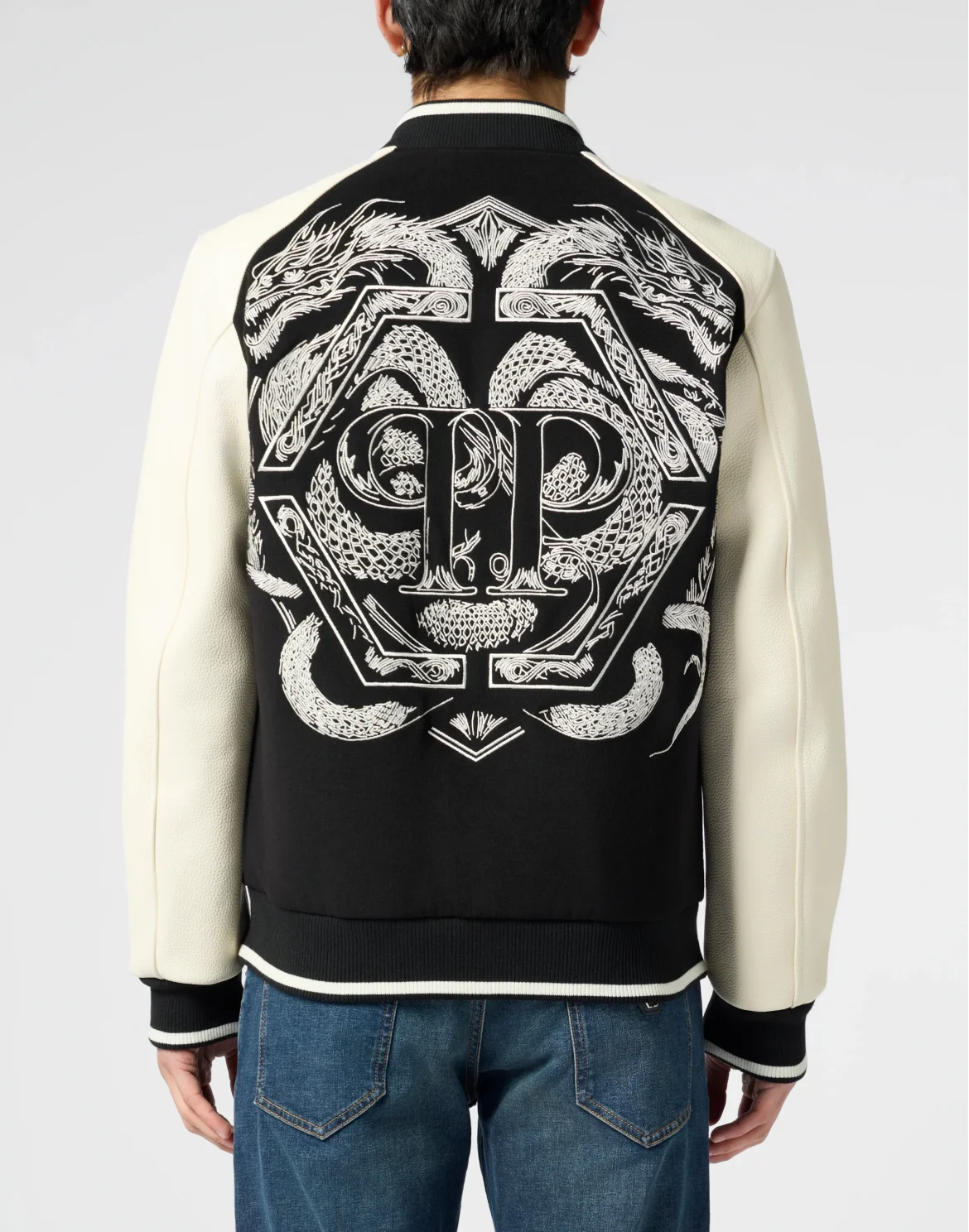 Wool & Leather Varsity Bomber Jacket Dragons, цвет: Черный