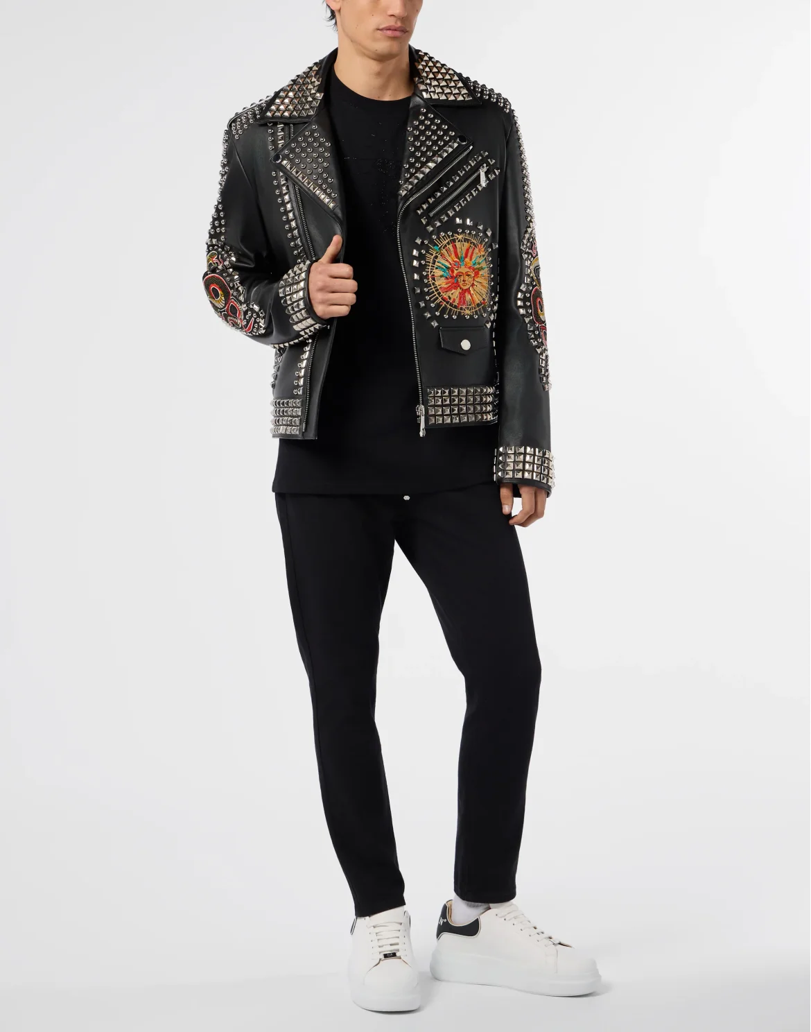 Vintage Leather Biker Jacket Studs & Patches, цвет: Черный