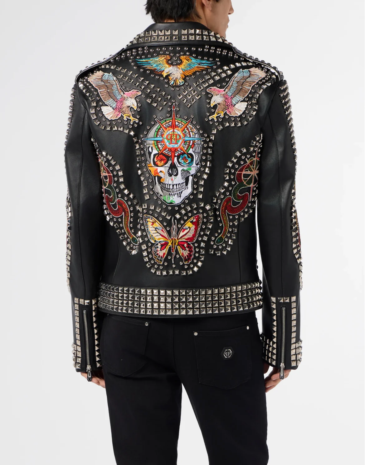 Vintage Leather Biker Jacket Studs & Patches, цвет: Черный