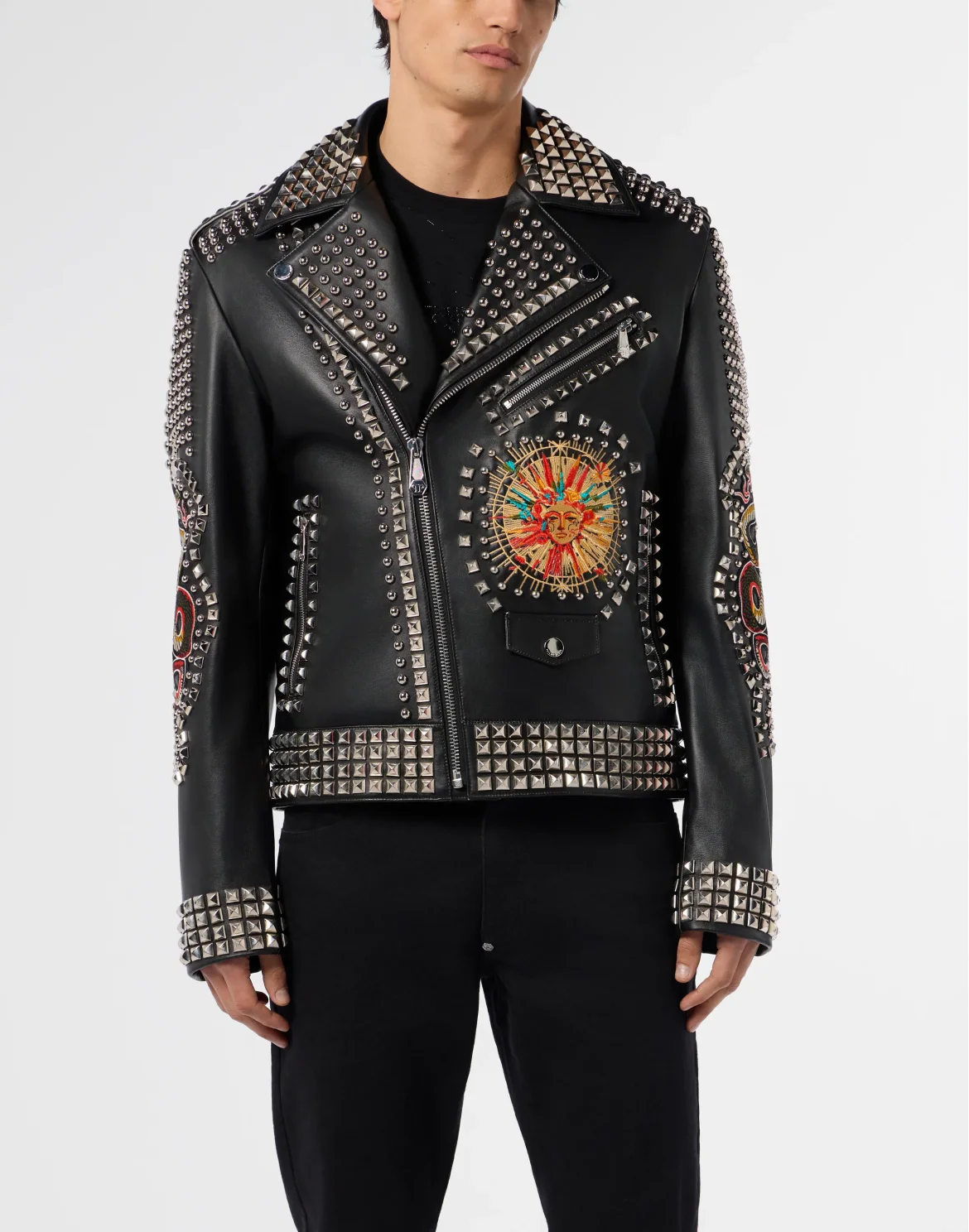 Vintage Leather Biker Jacket Studs & Patches, цвет: Черный