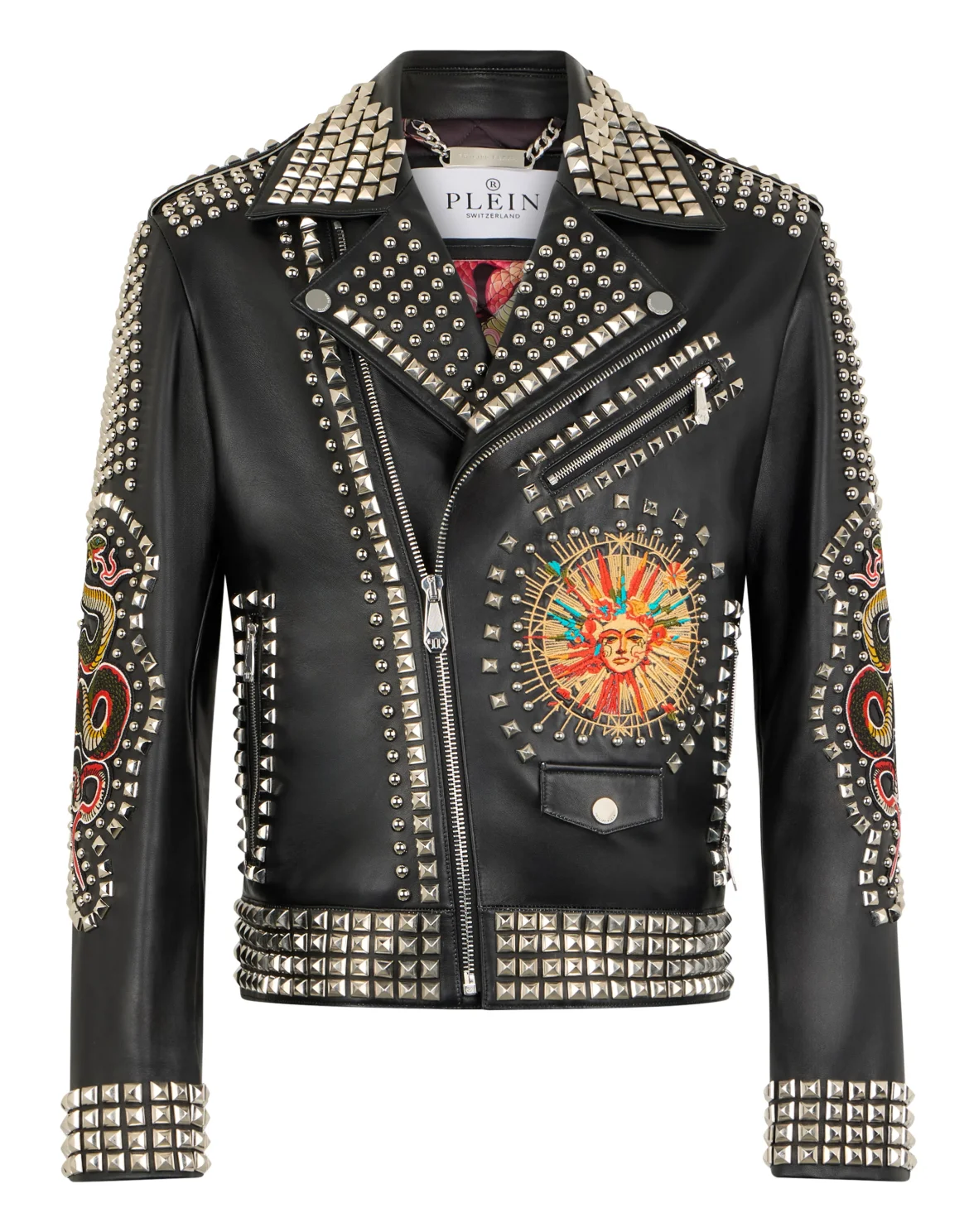 Vintage Leather Biker Jacket Studs & Patches, цвет: Черный