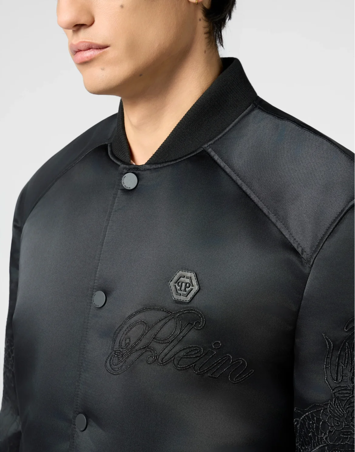 Satin Bomber Jacket Skull Dragons Dragons, цвет: Черный