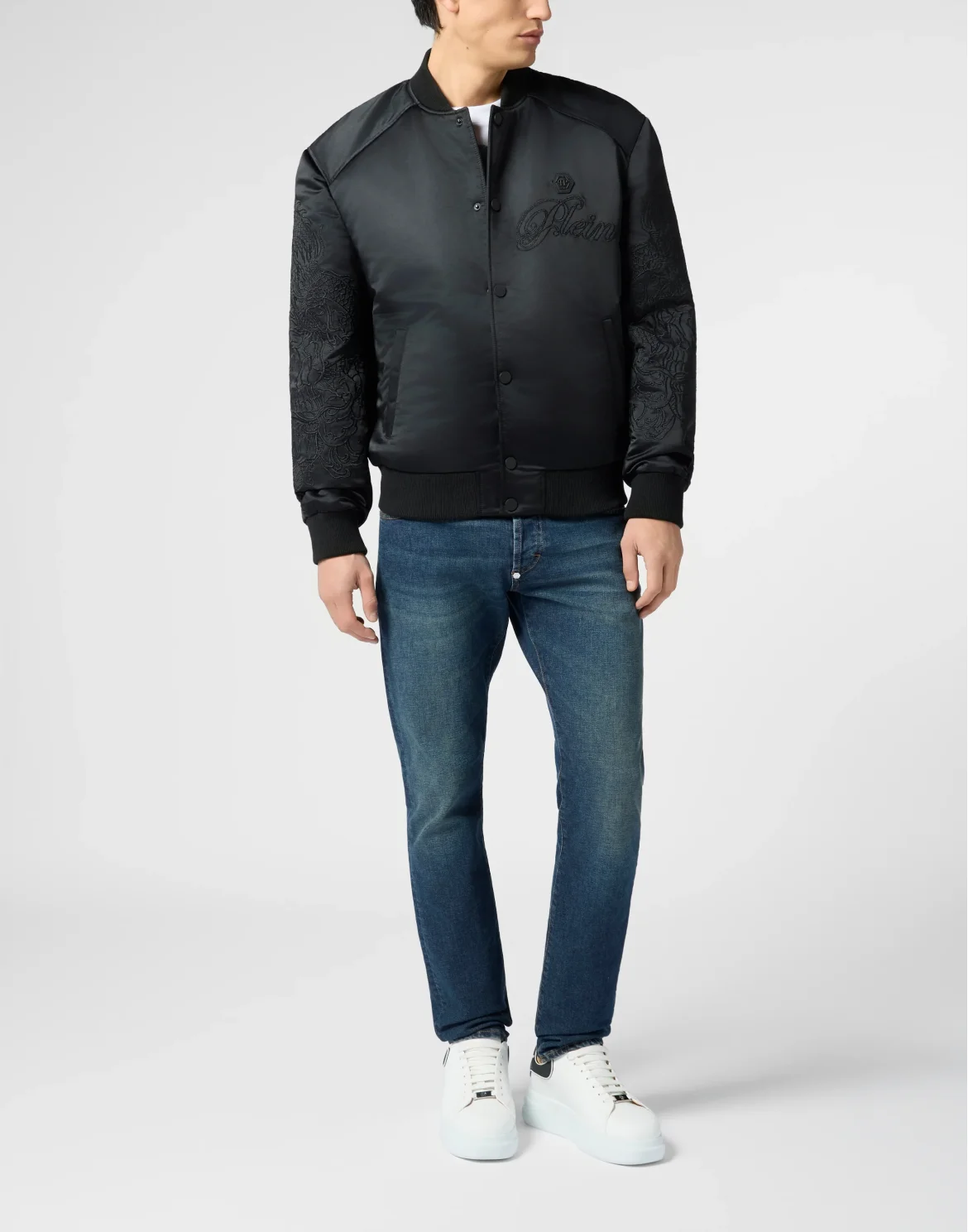 Satin Bomber Jacket Skull Dragons Dragons, цвет: Черный