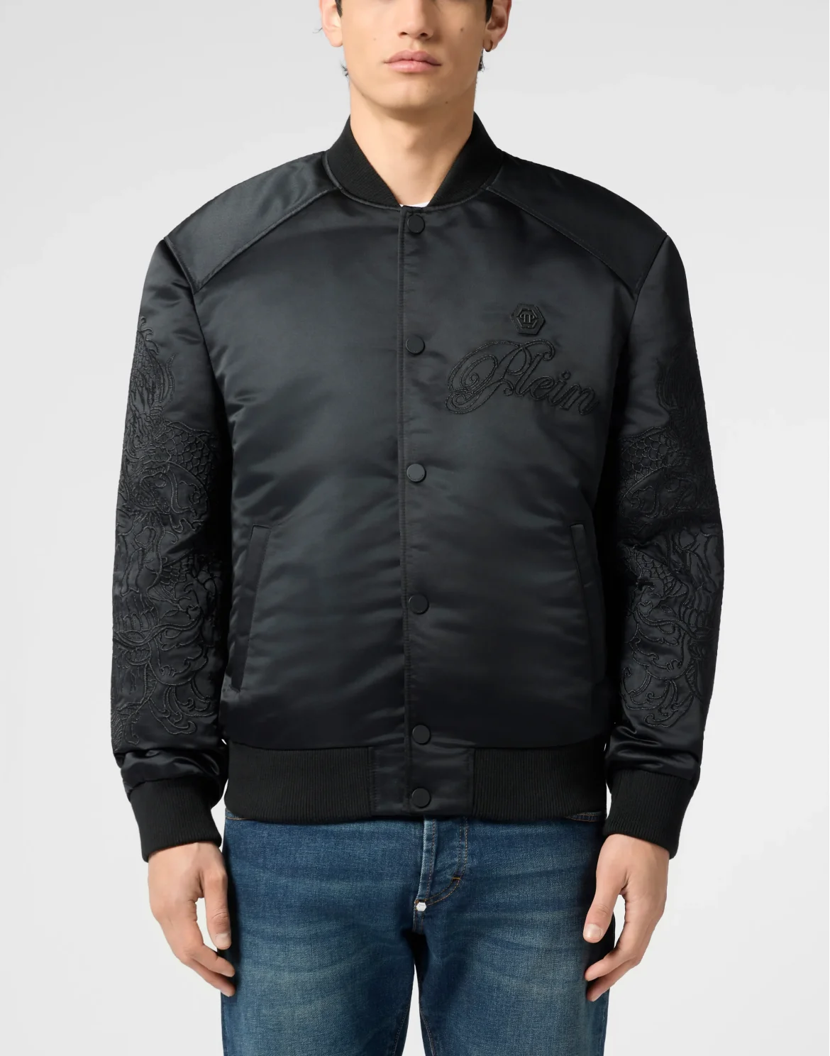 Satin Bomber Jacket Skull Dragons Dragons, цвет: Черный