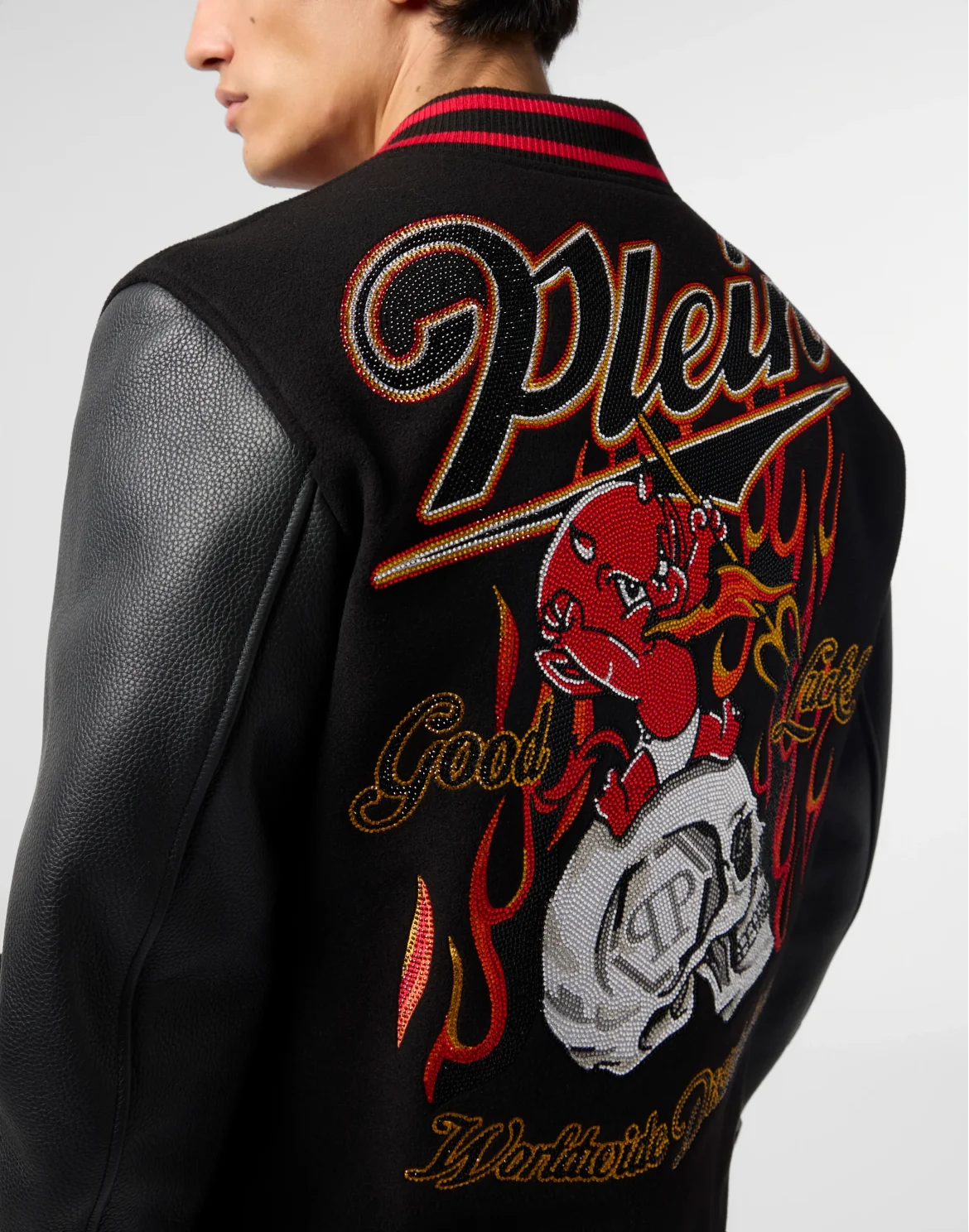 Varsity Bomber with Leather Sleeves Devil Skull, цвет: Черный