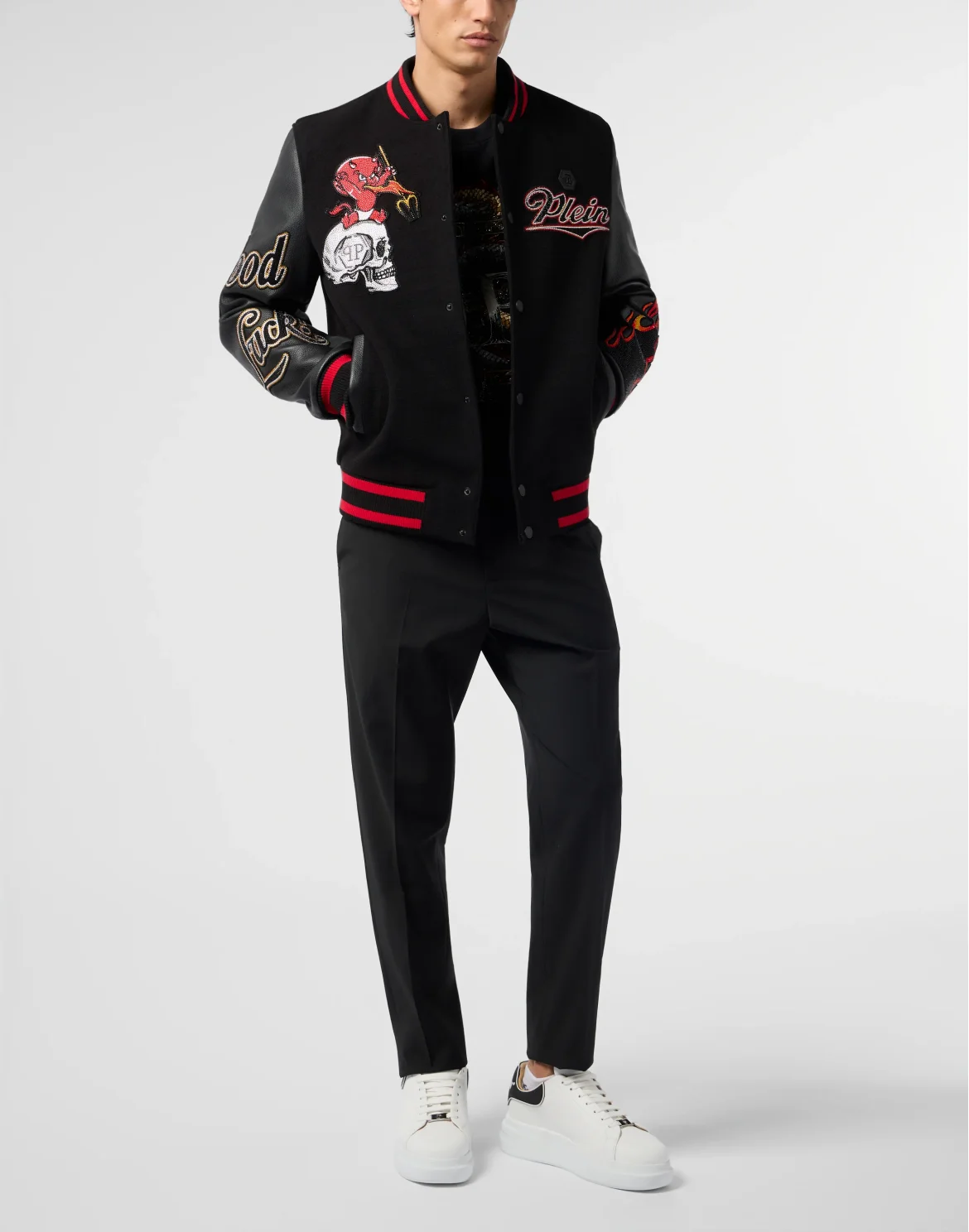 Varsity Bomber with Leather Sleeves Devil Skull, цвет: Черный