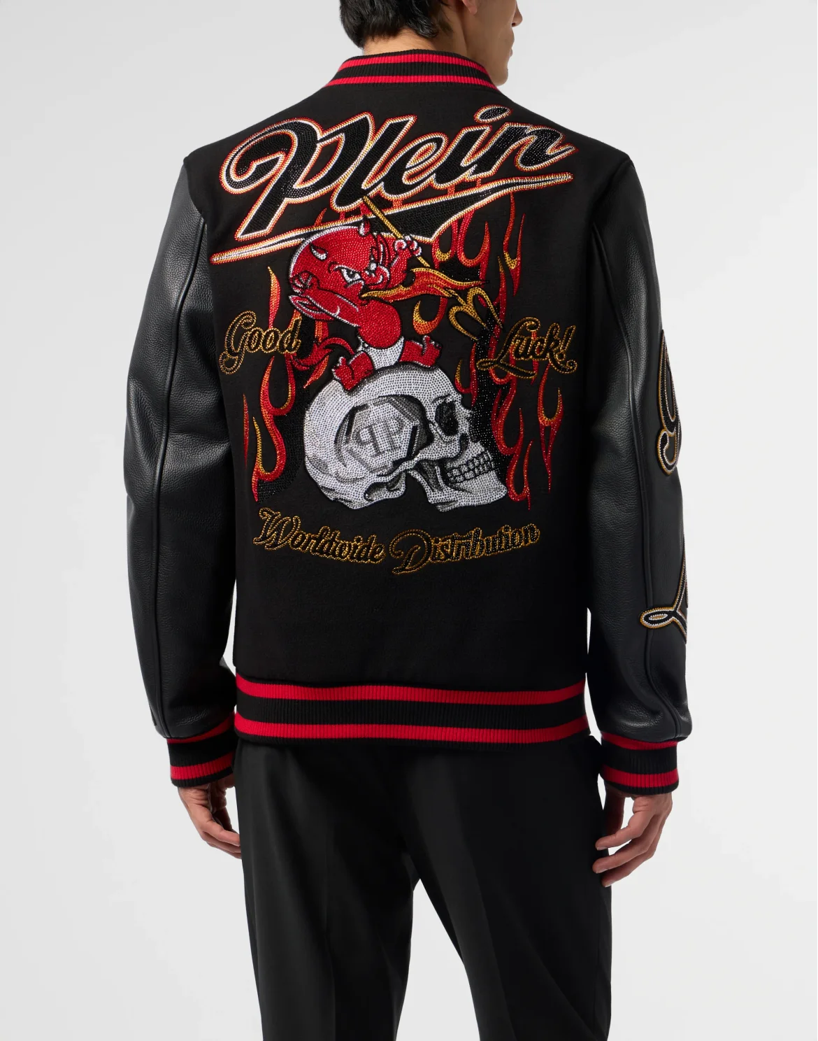 Varsity Bomber with Leather Sleeves Devil Skull, цвет: Черный