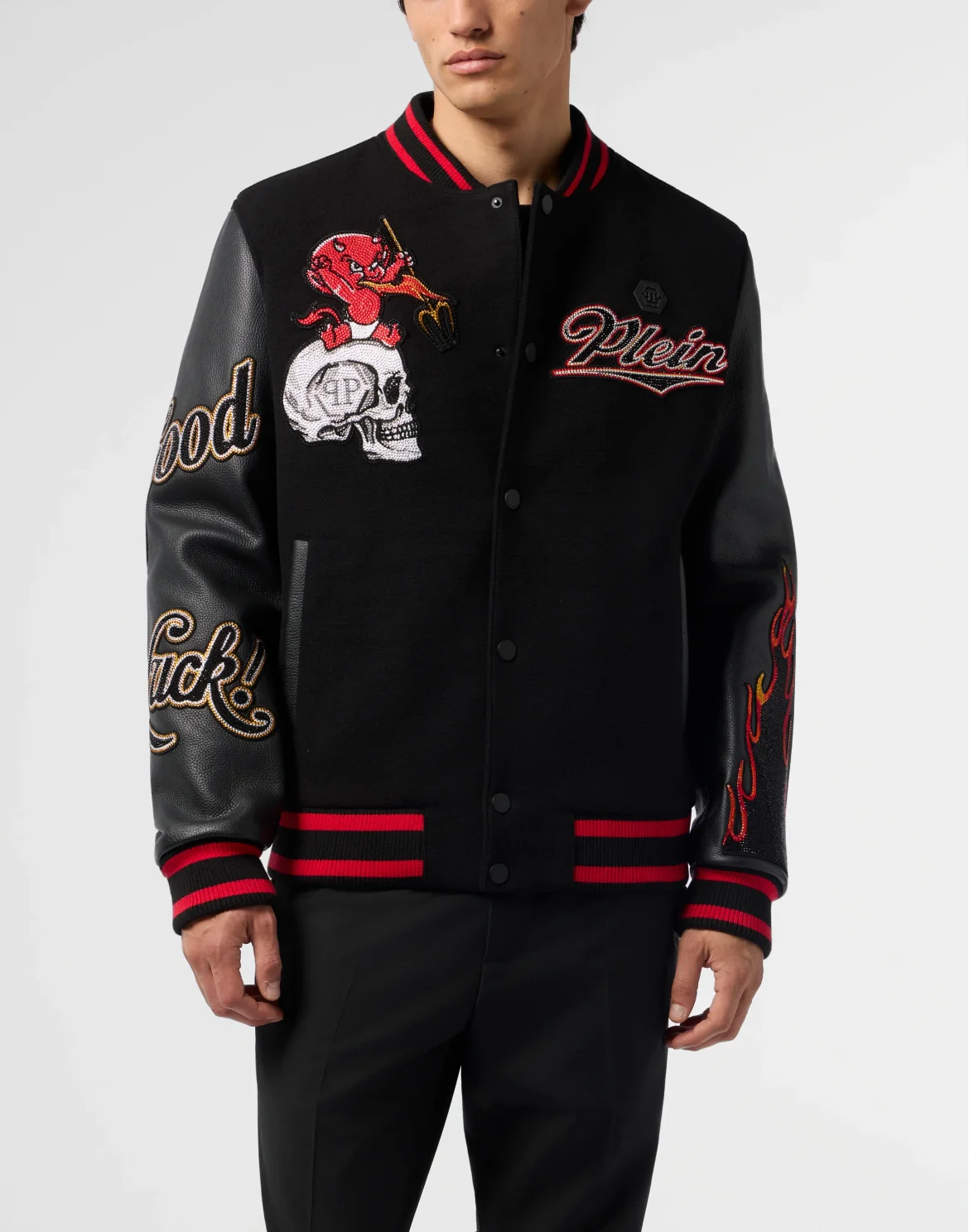 Varsity Bomber with Leather Sleeves Devil Skull, цвет: Черный