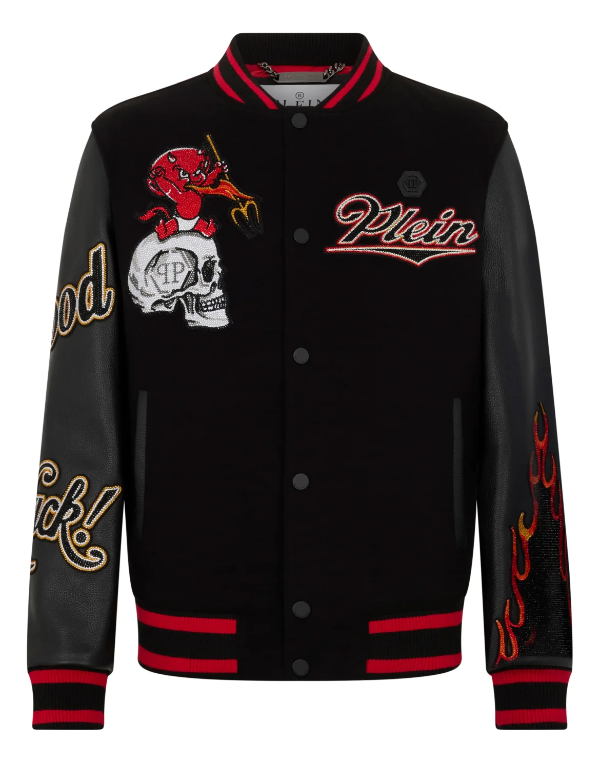 Varsity Bomber with Leather Sleeves Devil Skull, цвет: Черный