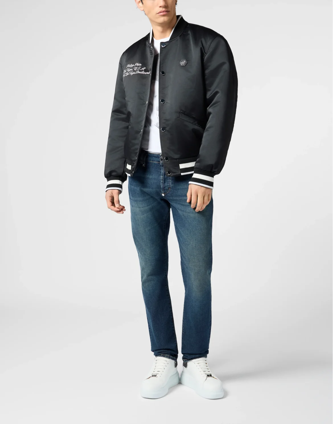 Shiny Satin Varsity Bomber Signature Las Vegas, цвет: Черный