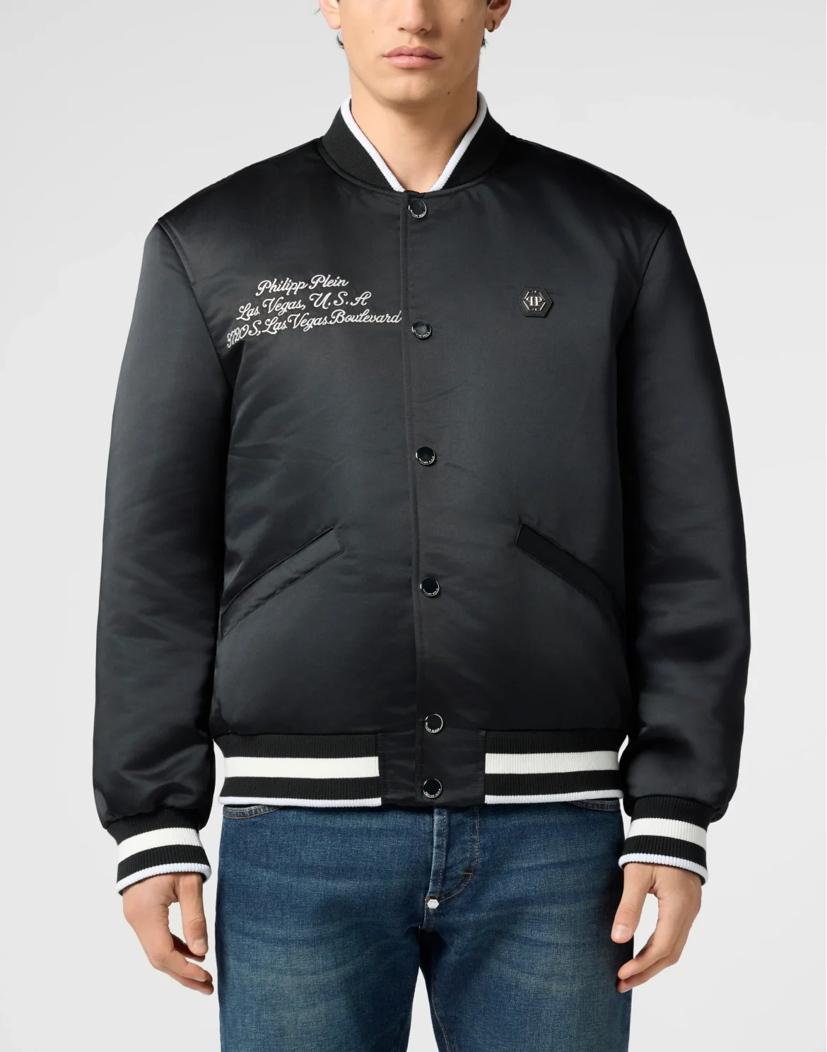 Shiny Satin Varsity Bomber Signature Las Vegas, цвет: Черный