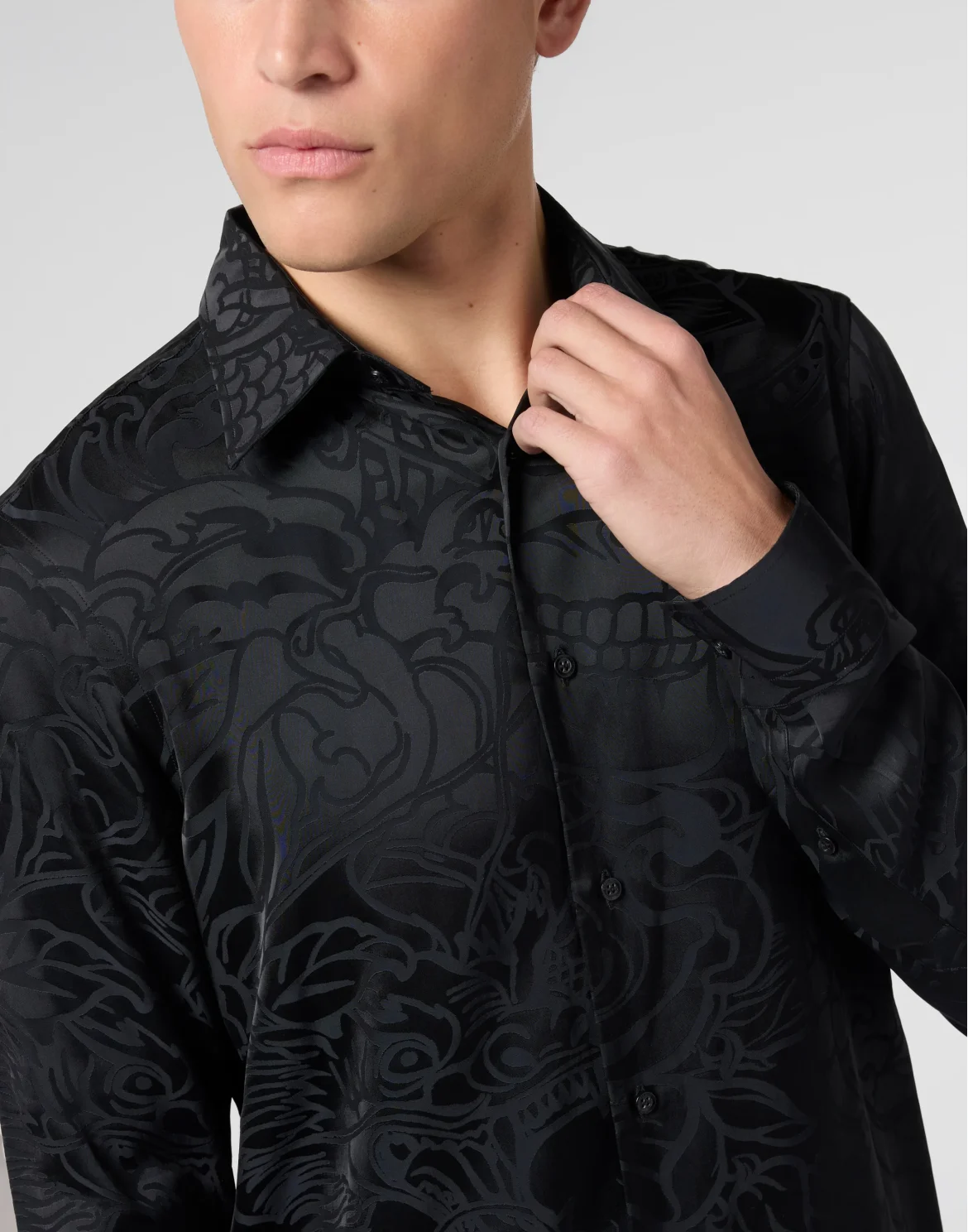 Loose Fit Silk Shirt Dragon Skull, цвет: Черный