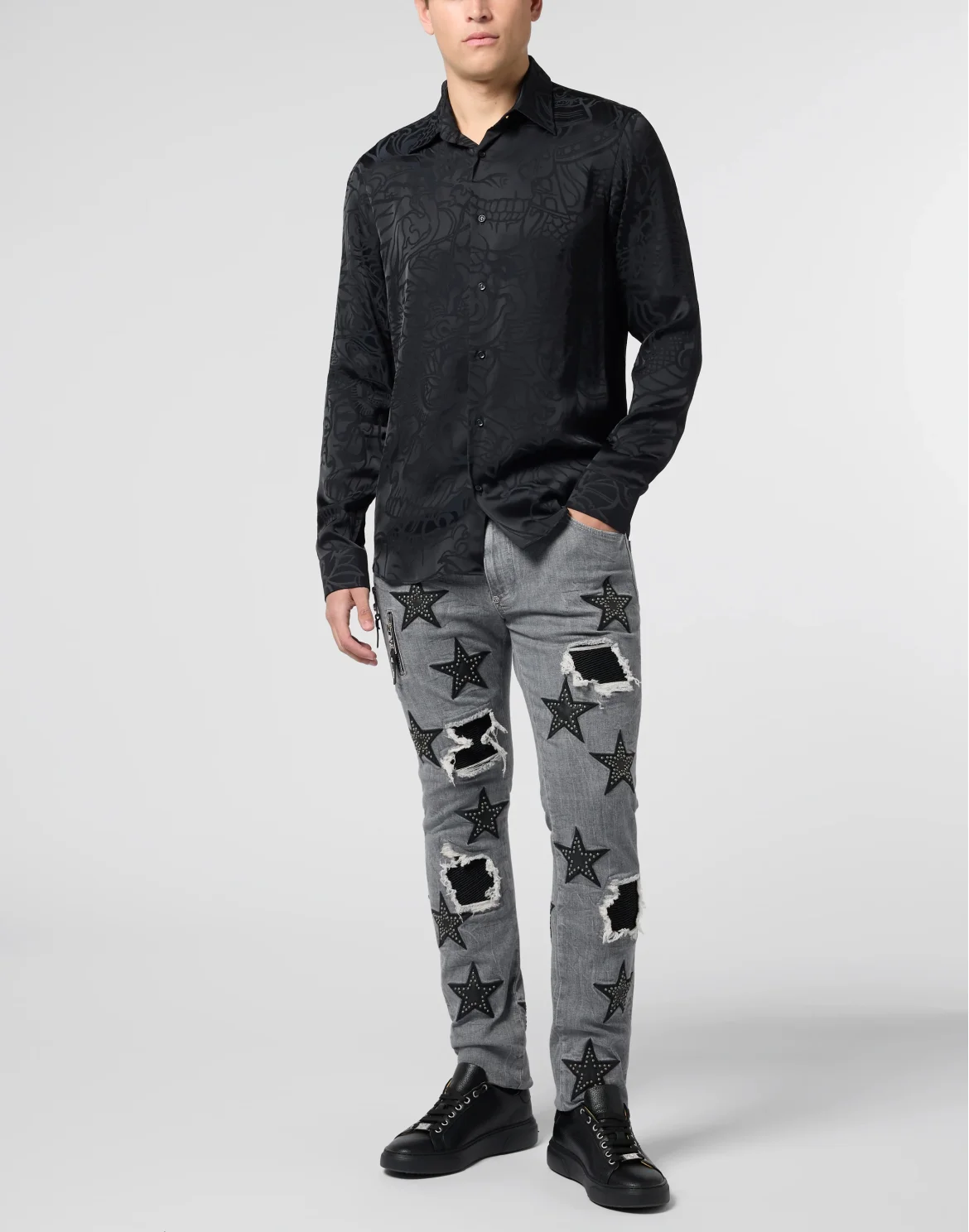 Loose Fit Silk Shirt Dragon Skull, цвет: Черный