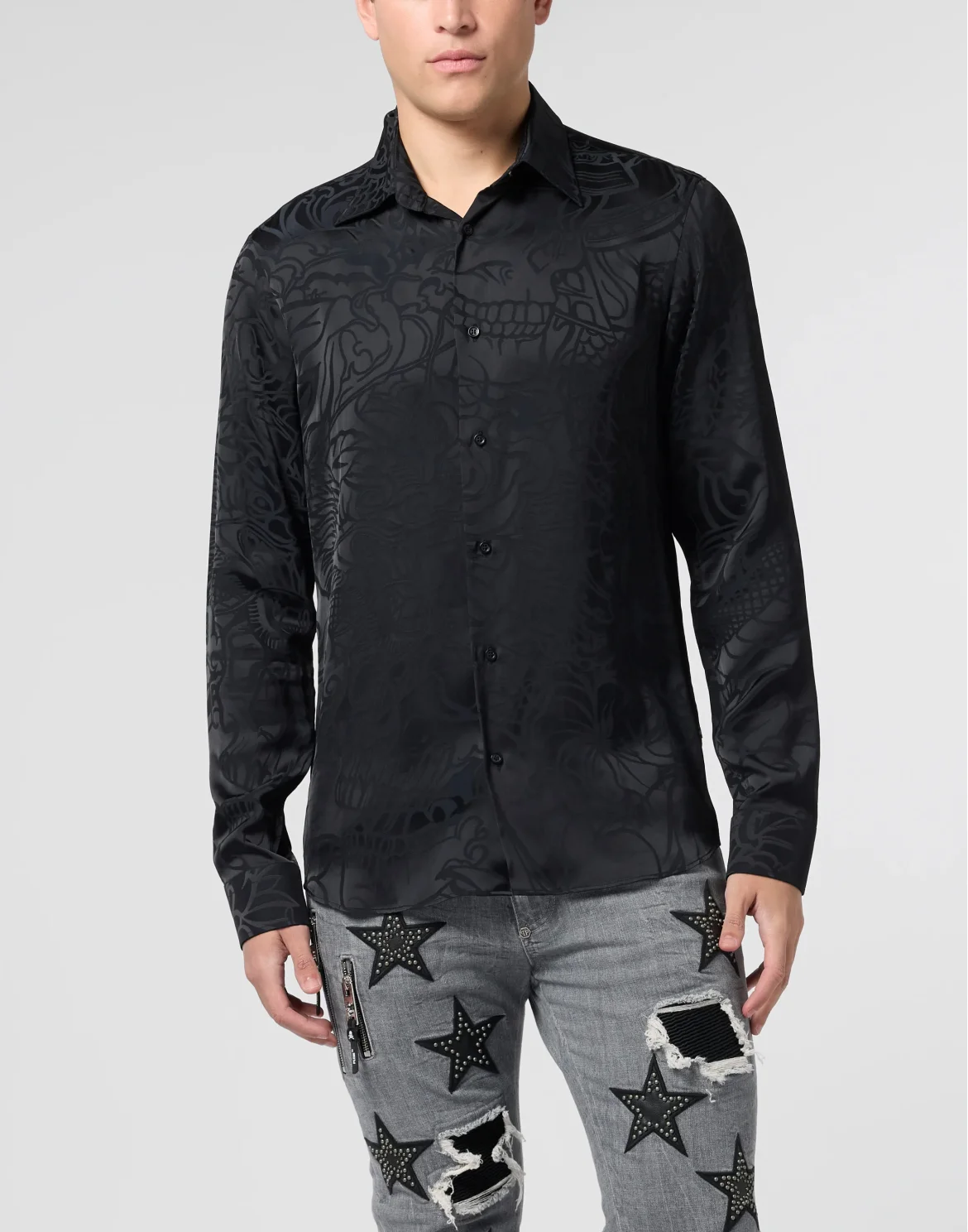 Loose Fit Silk Shirt Dragon Skull, цвет: Черный