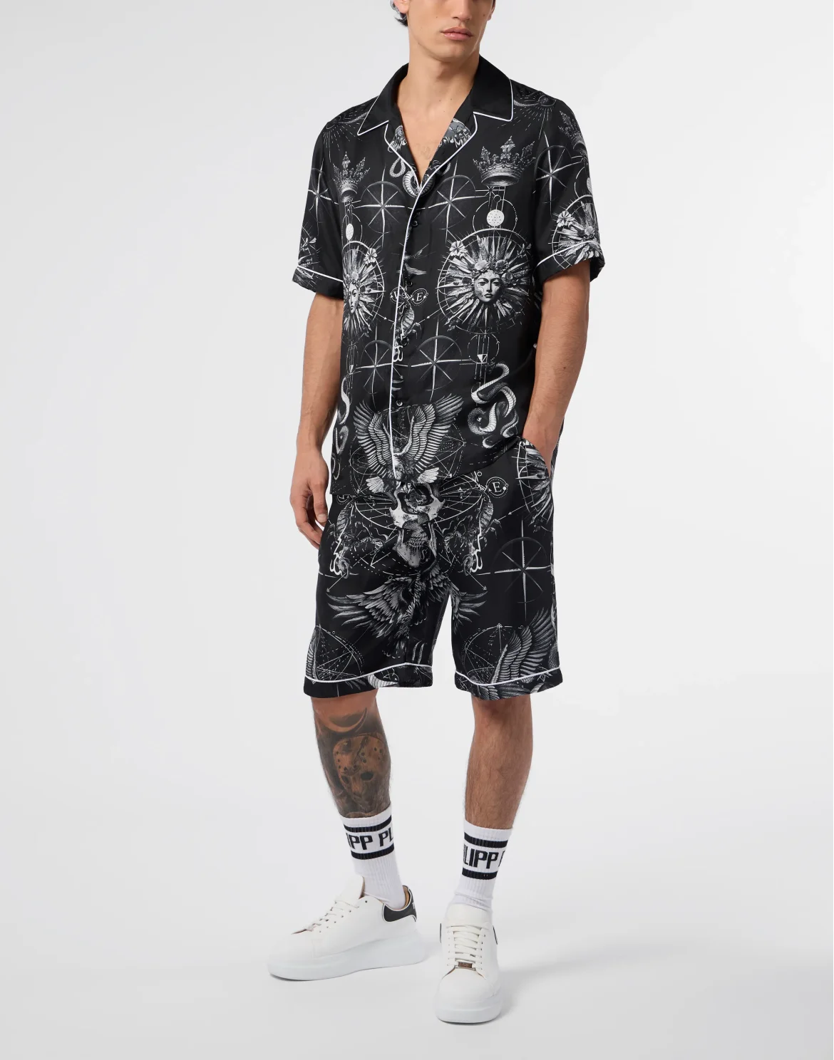 Silk Bowling Shirt All-Over Tattoo, цвет: Черный