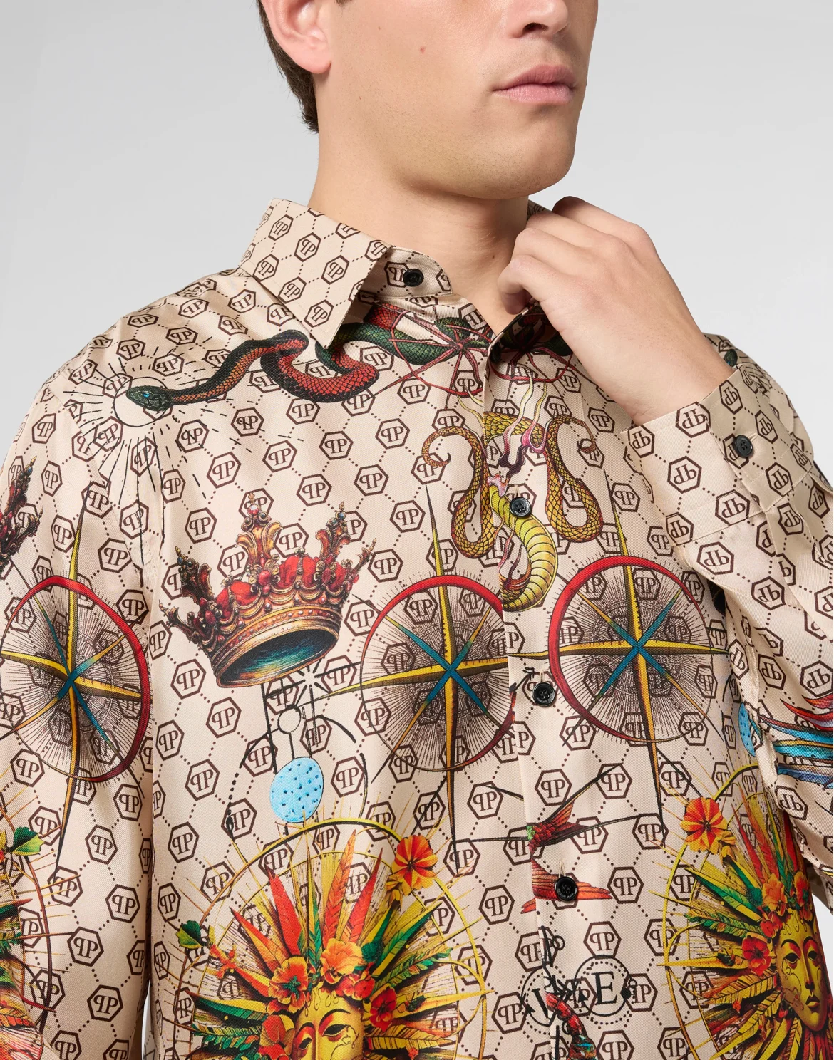 Silk Pajamas Shirt Monogram Tattoo, цвет: Бежевый