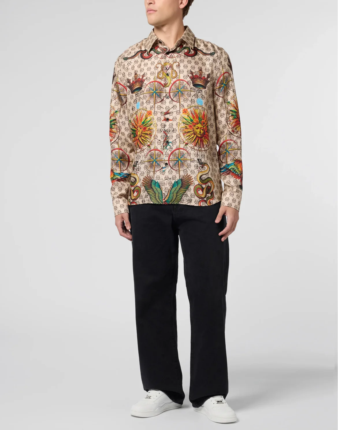 Silk Pajamas Shirt Monogram Tattoo, цвет: Бежевый