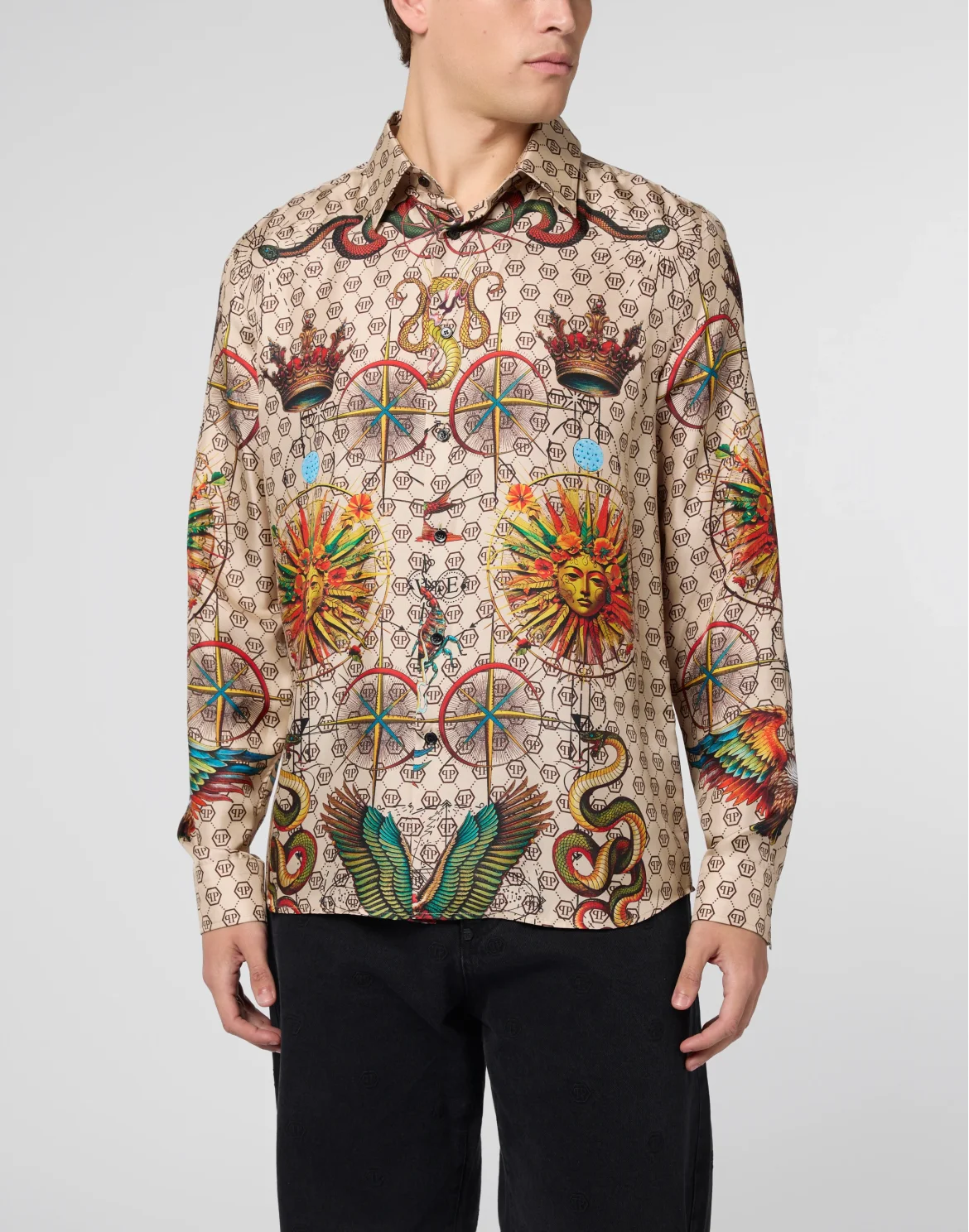 Silk Pajamas Shirt Monogram Tattoo, цвет: Бежевый