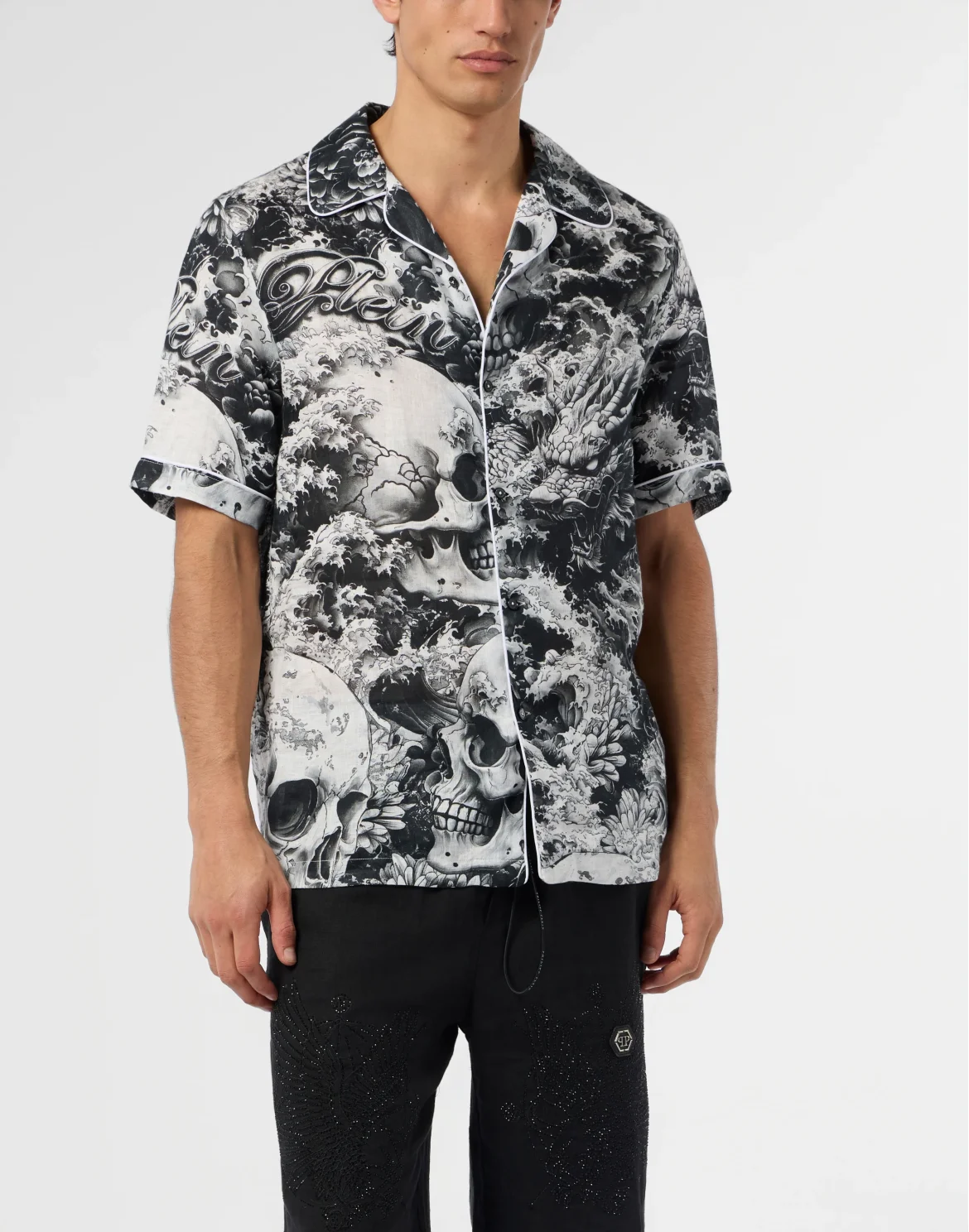 Linen Bowling Shirt All-Over Ceramic, цвет: Черный
