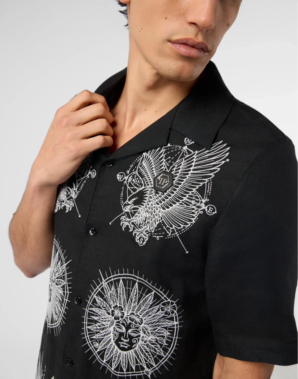 Linen Bowling Shirt Tattoo Embroidery, цвет: Черный