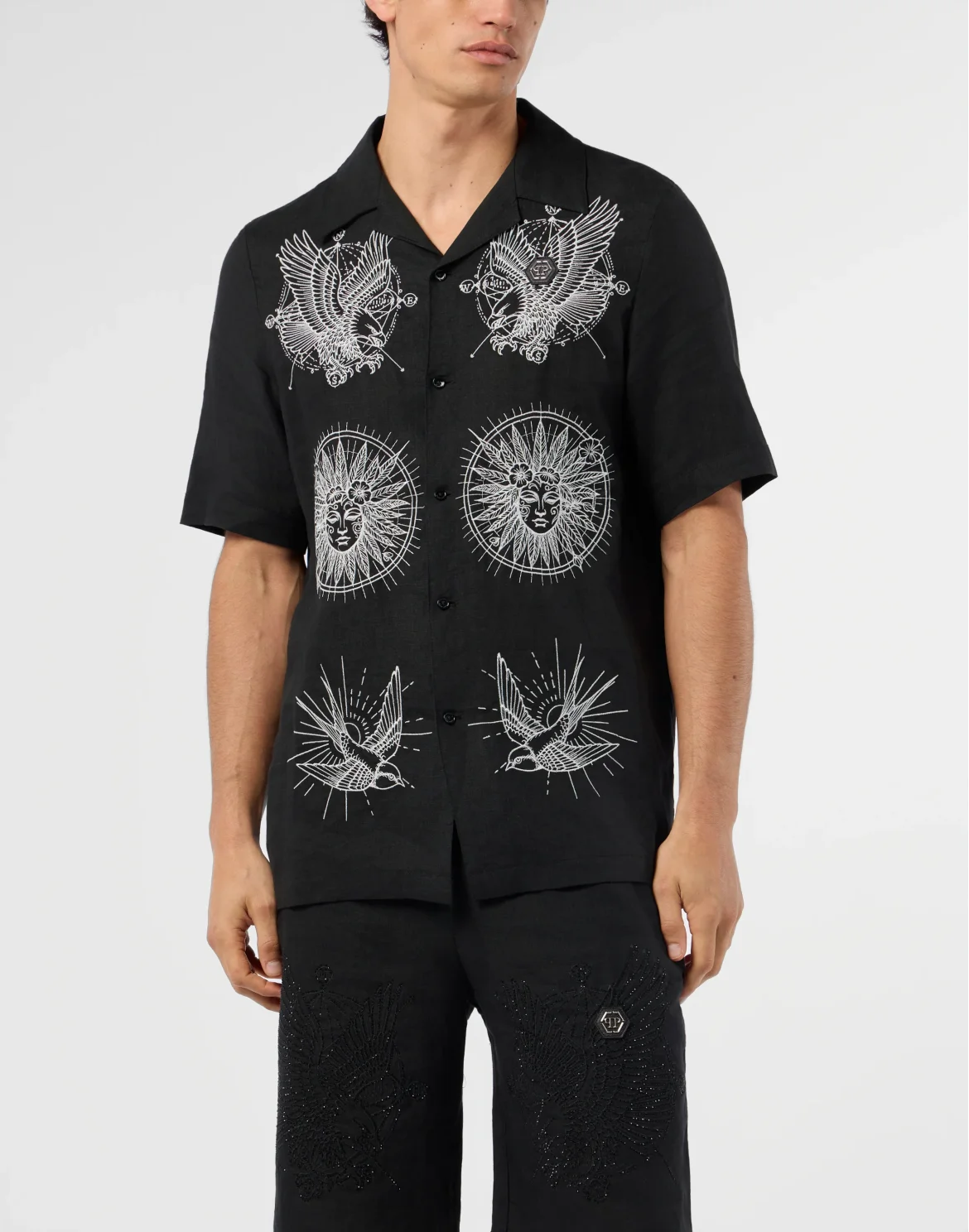 Linen Bowling Shirt Tattoo Embroidery, цвет: Черный