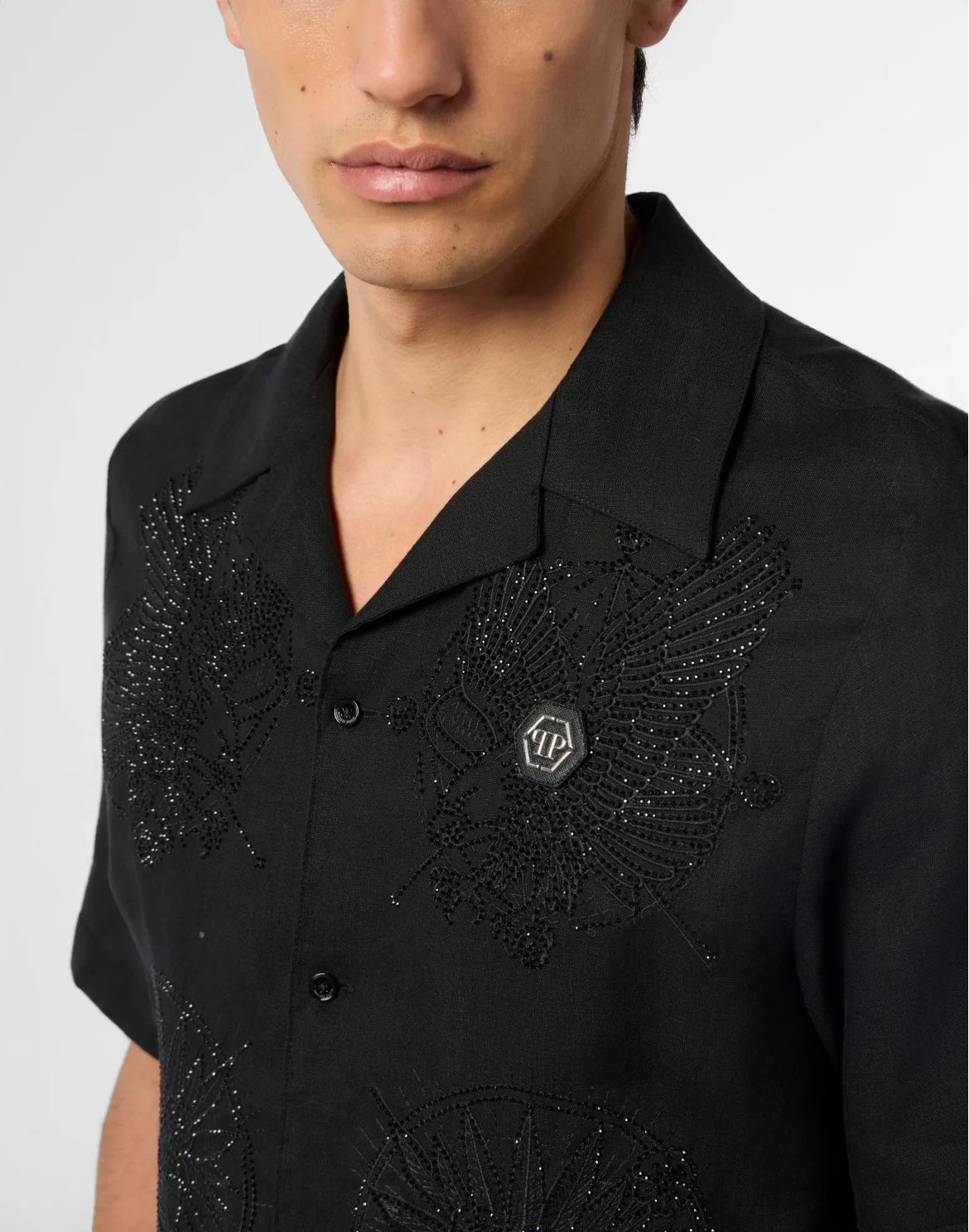 Embroidered Linen Bowling Shirt Tattoo Strass, цвет: Черный