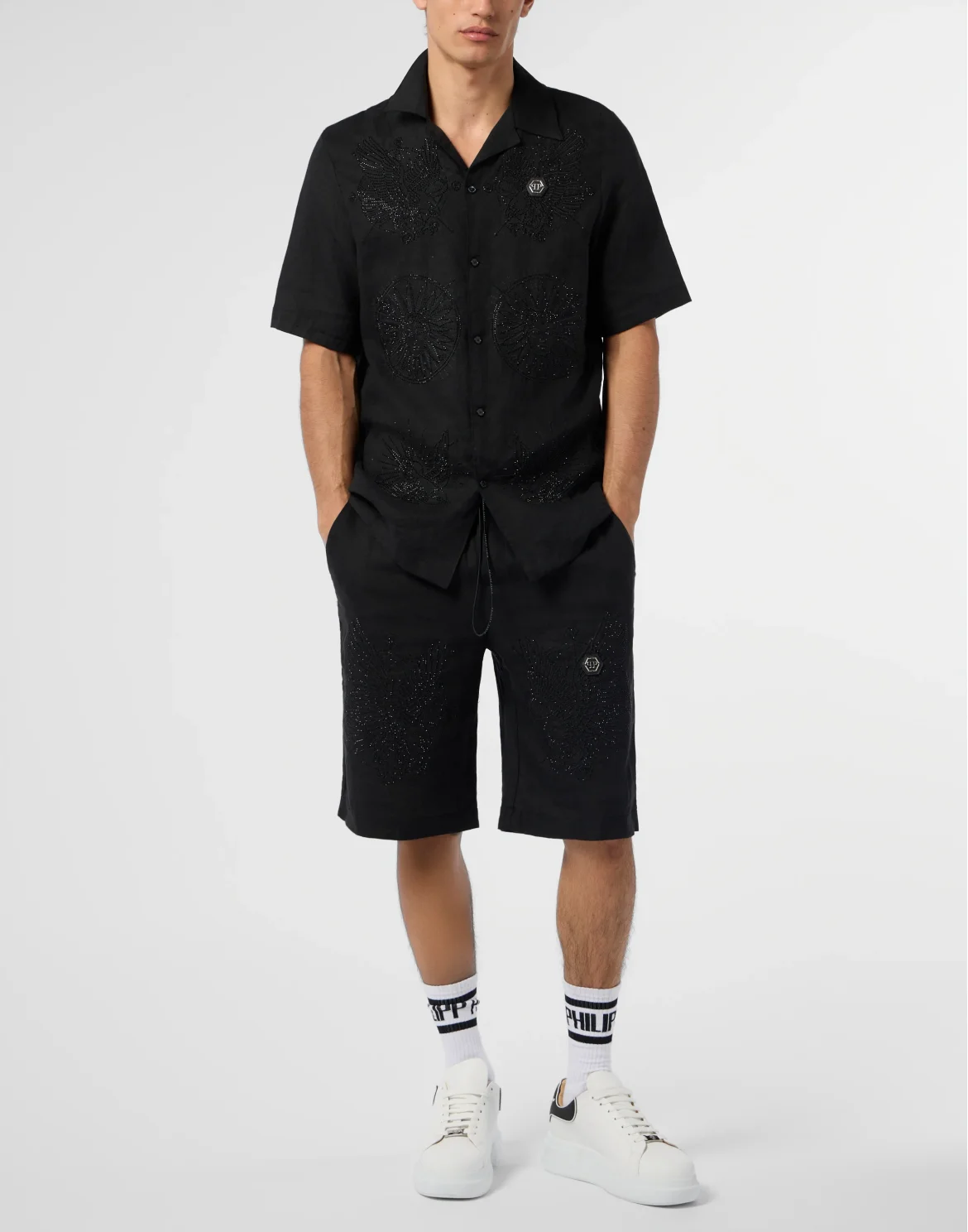 Embroidered Linen Bowling Shirt Tattoo Strass, цвет: Черный