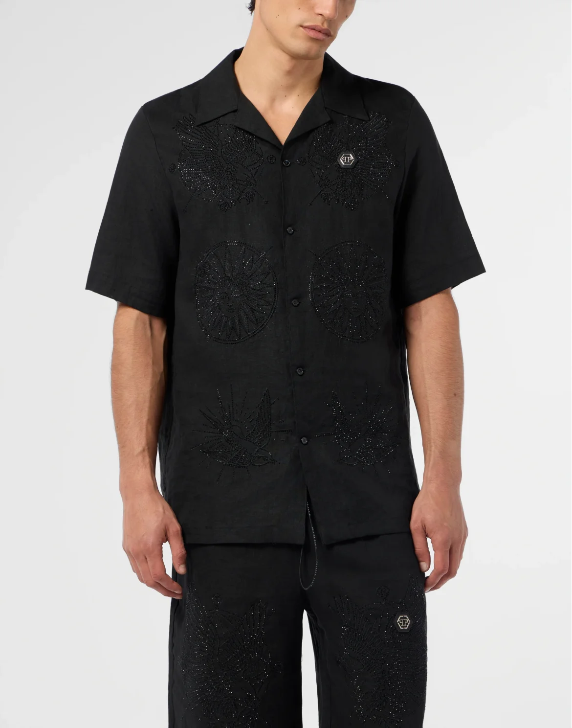 Embroidered Linen Bowling Shirt Tattoo Strass, цвет: Черный
