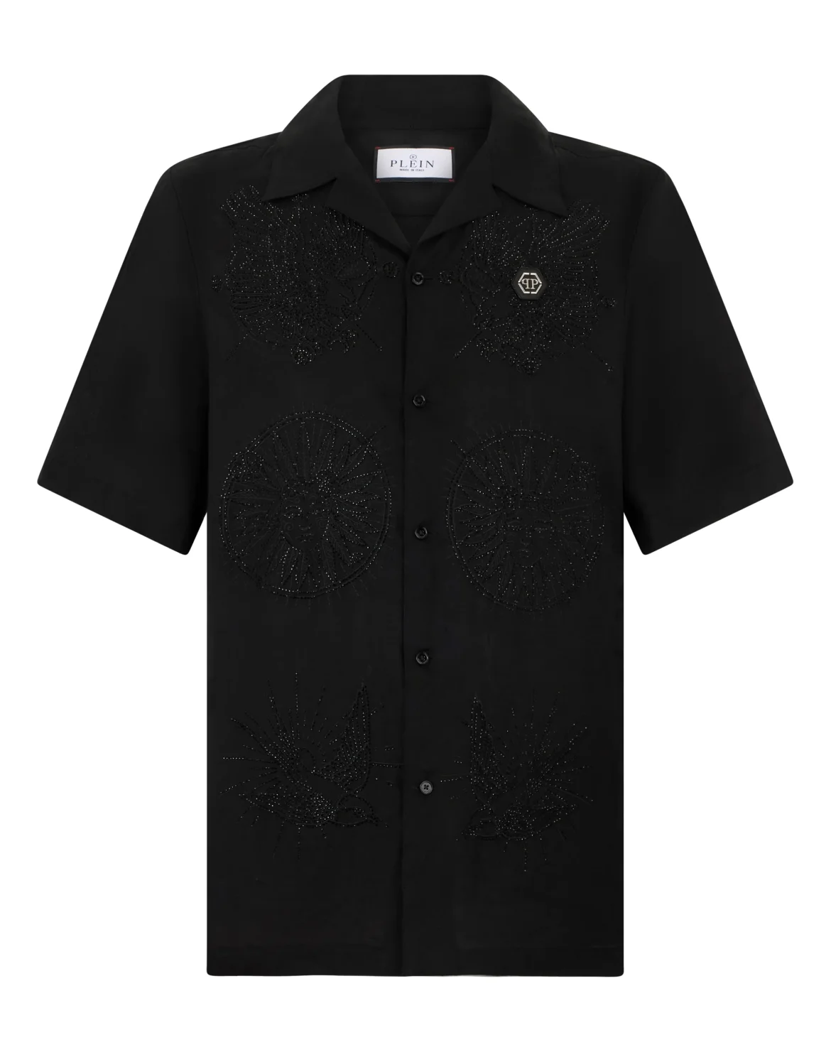 Embroidered Linen Bowling Shirt Tattoo Strass, цвет: Черный