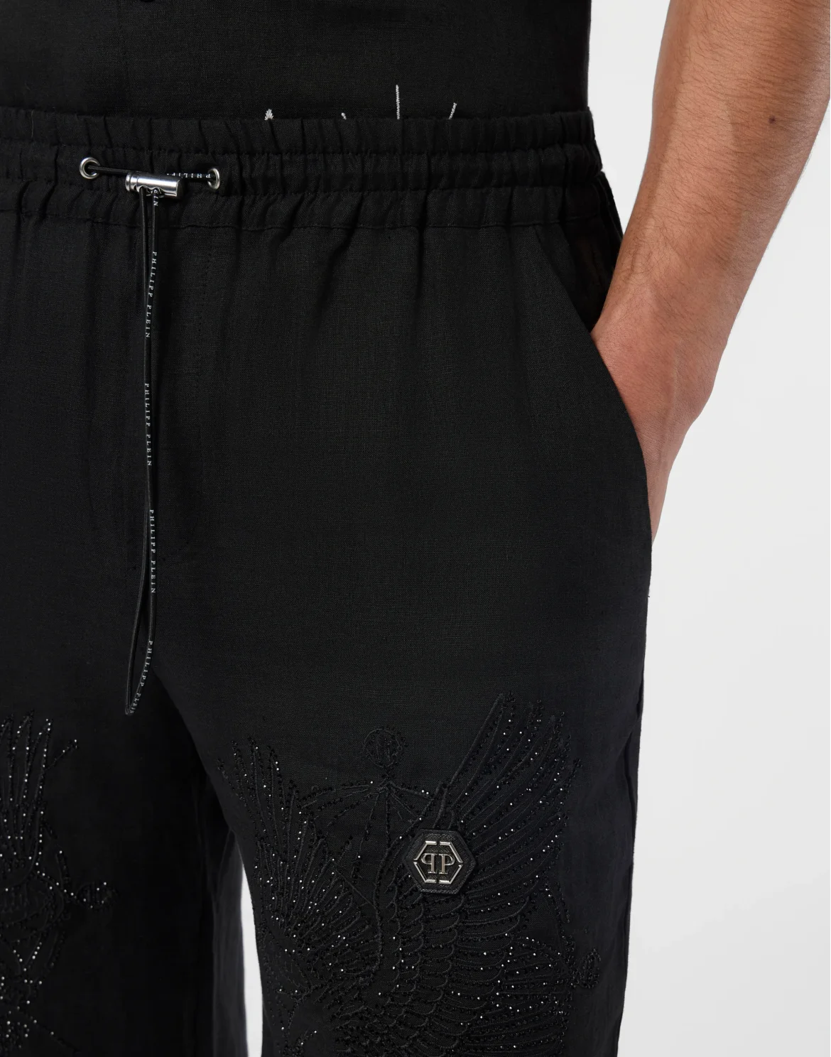 Embroidered Linen Bowling Shorts Tattoo Strass, цвет: Черный