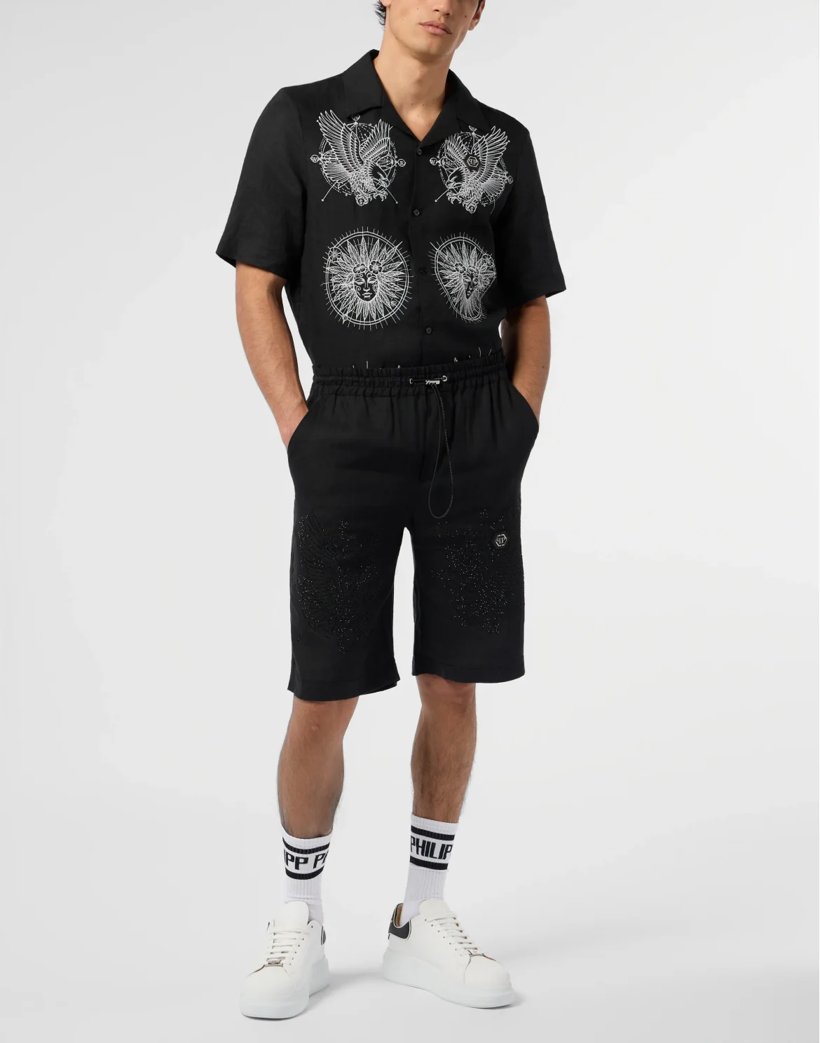 Embroidered Linen Bowling Shorts Tattoo Strass, цвет: Черный