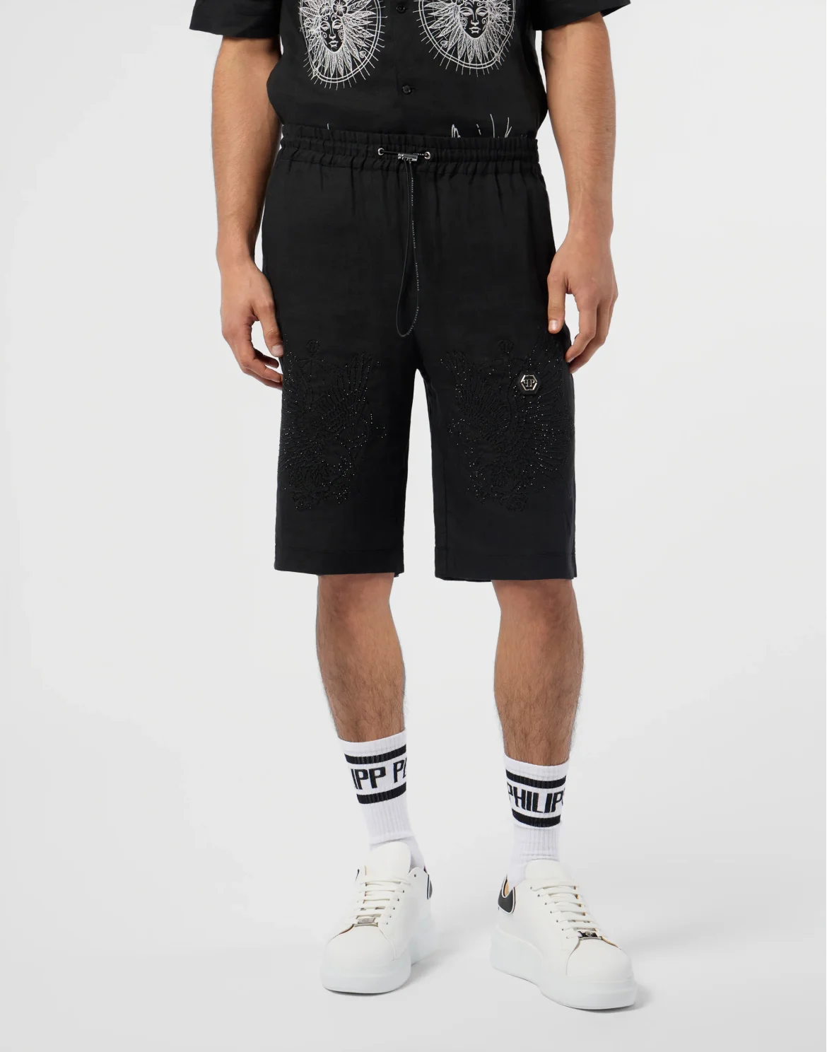 Embroidered Linen Bowling Shorts Tattoo Strass, цвет: Черный