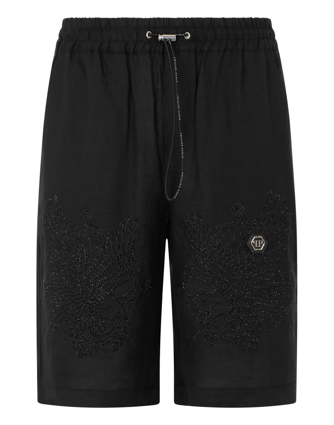 Embroidered Linen Bowling Shorts Tattoo Strass, цвет: Черный