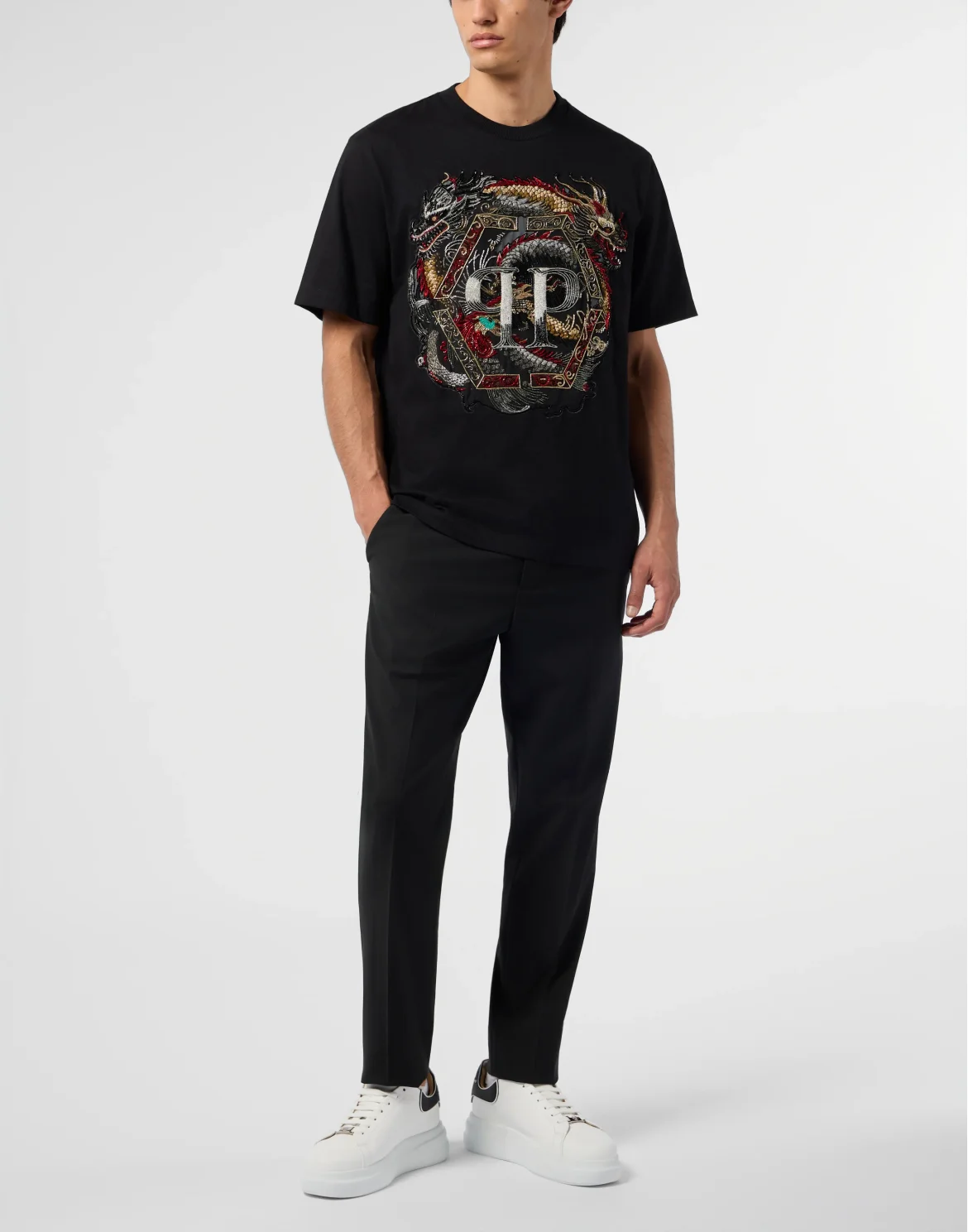 Round Neck T-Shirt Dragon, цвет: Черный