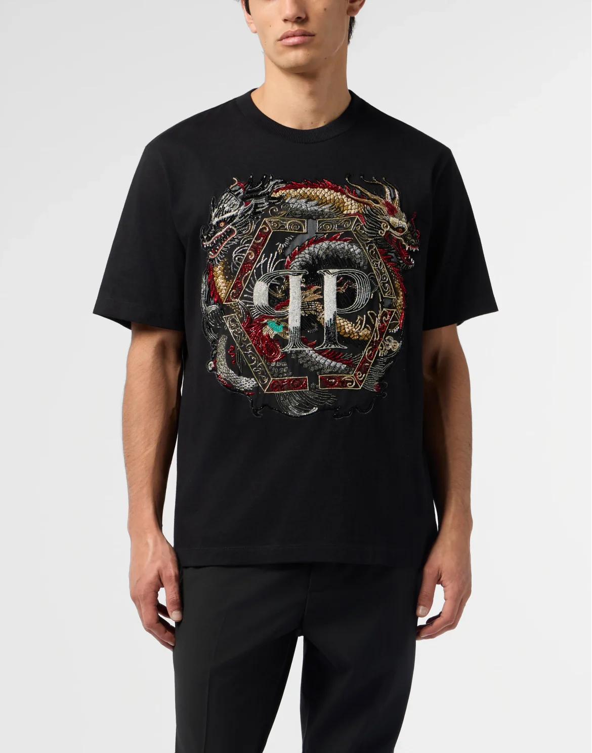 Round Neck T-Shirt Dragon, цвет: Черный