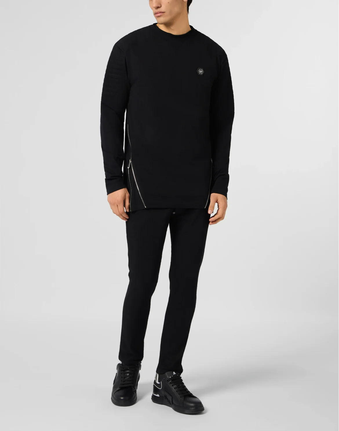 Padded Sleeves Round Neck T-Shirt Long Sleeve, цвет: Черный