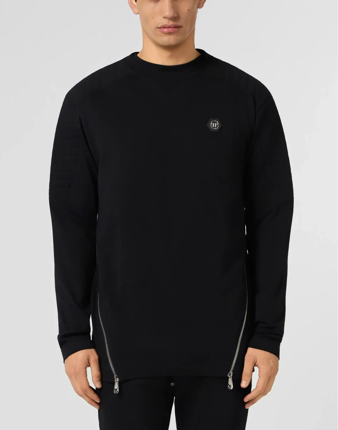 Padded Sleeves Round Neck T-Shirt Long Sleeve, цвет: Черный