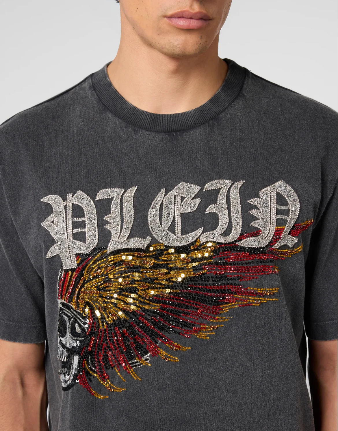 Washed Round Neck T-Shirt Eagle Skull Skull, цвет: Черный