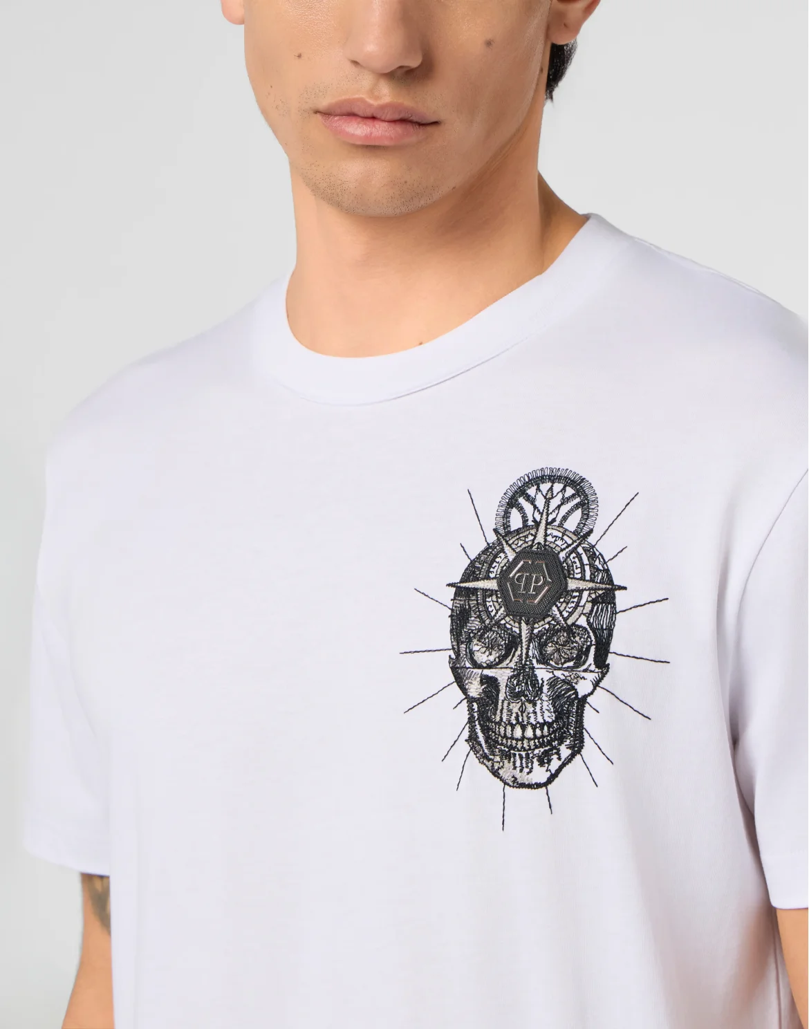 Round Neck T-Shirt Chest Embroidery Skull, цвет: Белый