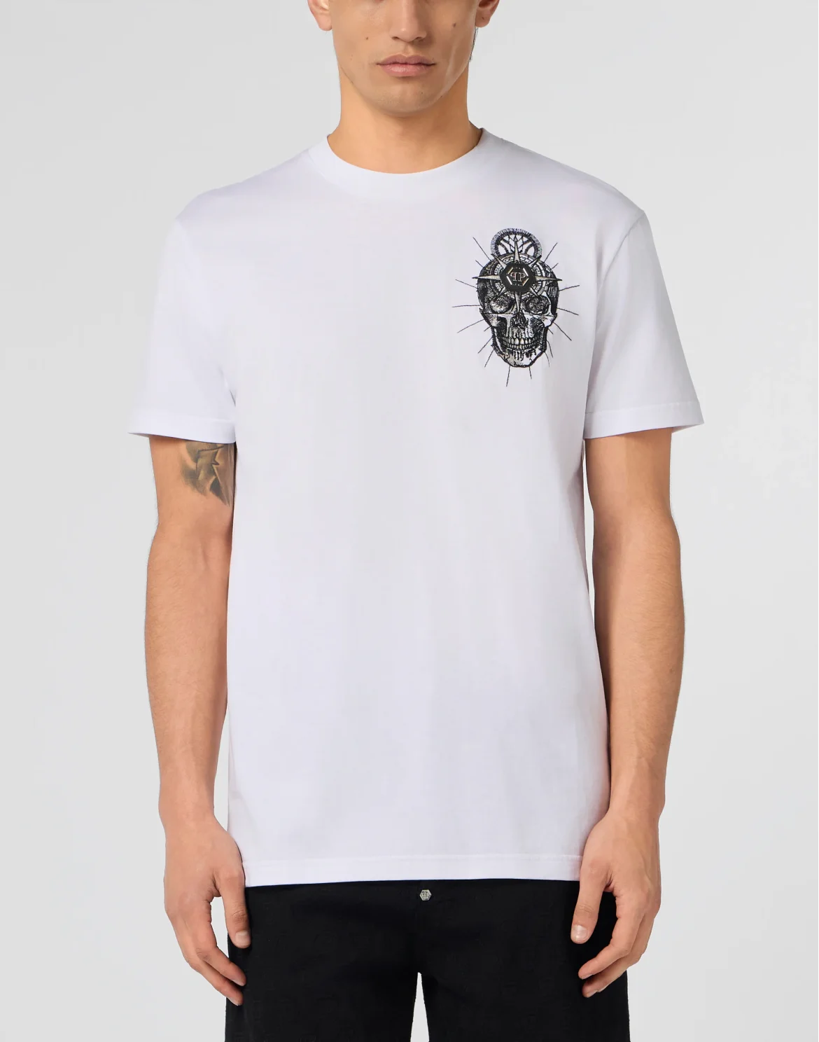 Round Neck T-Shirt Chest Embroidery Skull, цвет: Белый