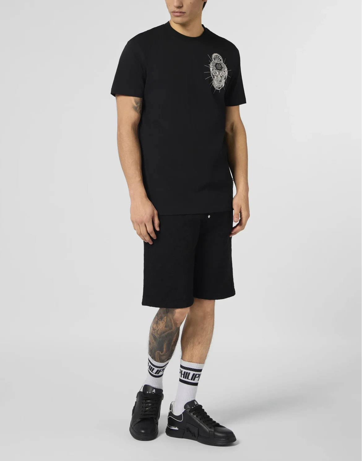 Round Neck T-Shirt Chest Embroidery Skull, цвет: Черный